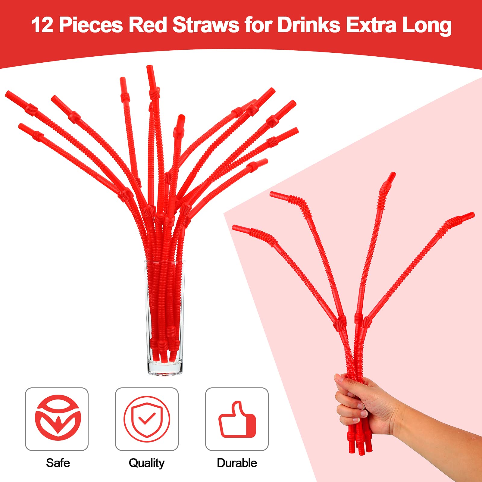 12 Pieces Flexible Drinking Straws Extra Long Plastic Straws for Camping Limited Mobility Situations Dishwasher (Red  22 Inches)