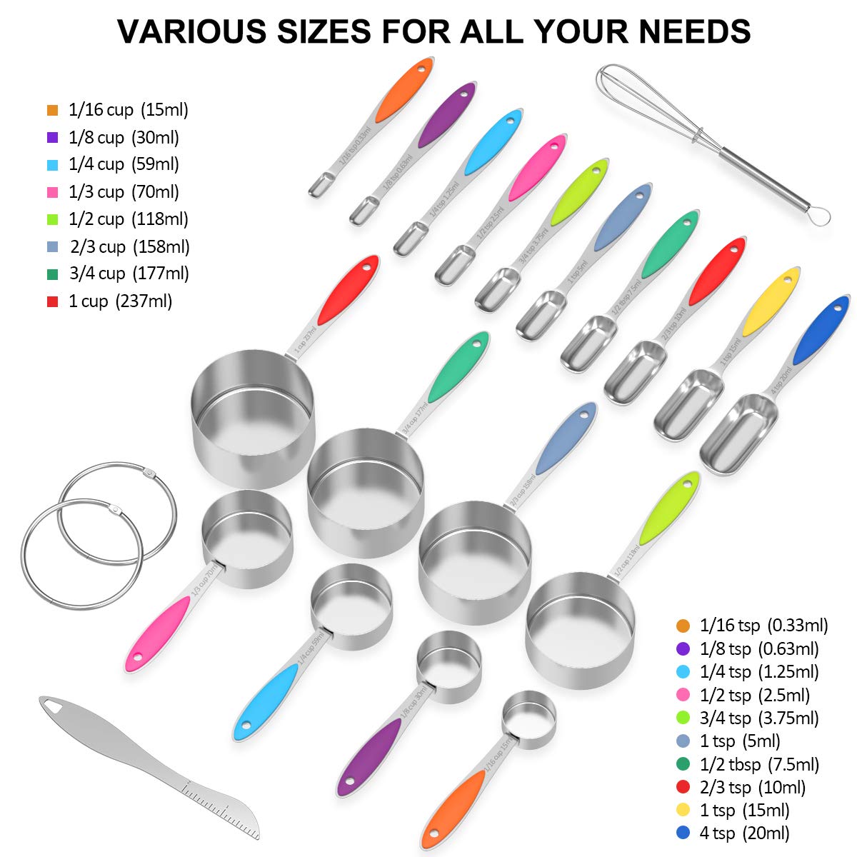 Measuring Cups And Spoons - Wildone Stainless Steel 20 Piece Stackable Set, Includes 8 Measuring Cups, 10 Measuring Spoons, 1 Le