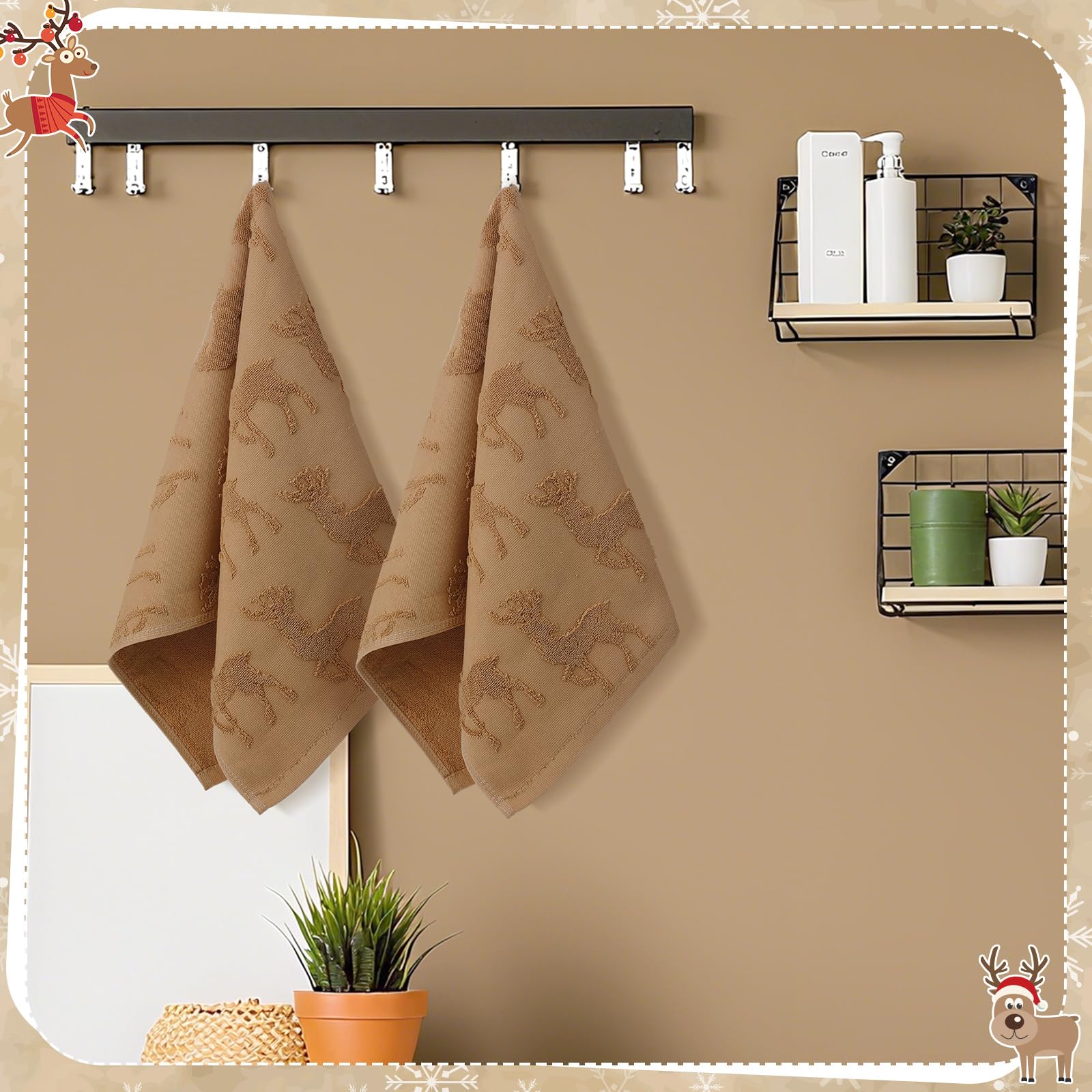 Breling 2 Pcs Christmas Hand Towels Brown Reindeer Bathroom Decorative Towels 100% Cotton Absorbent Jacquard Weave Bath Decor Wi