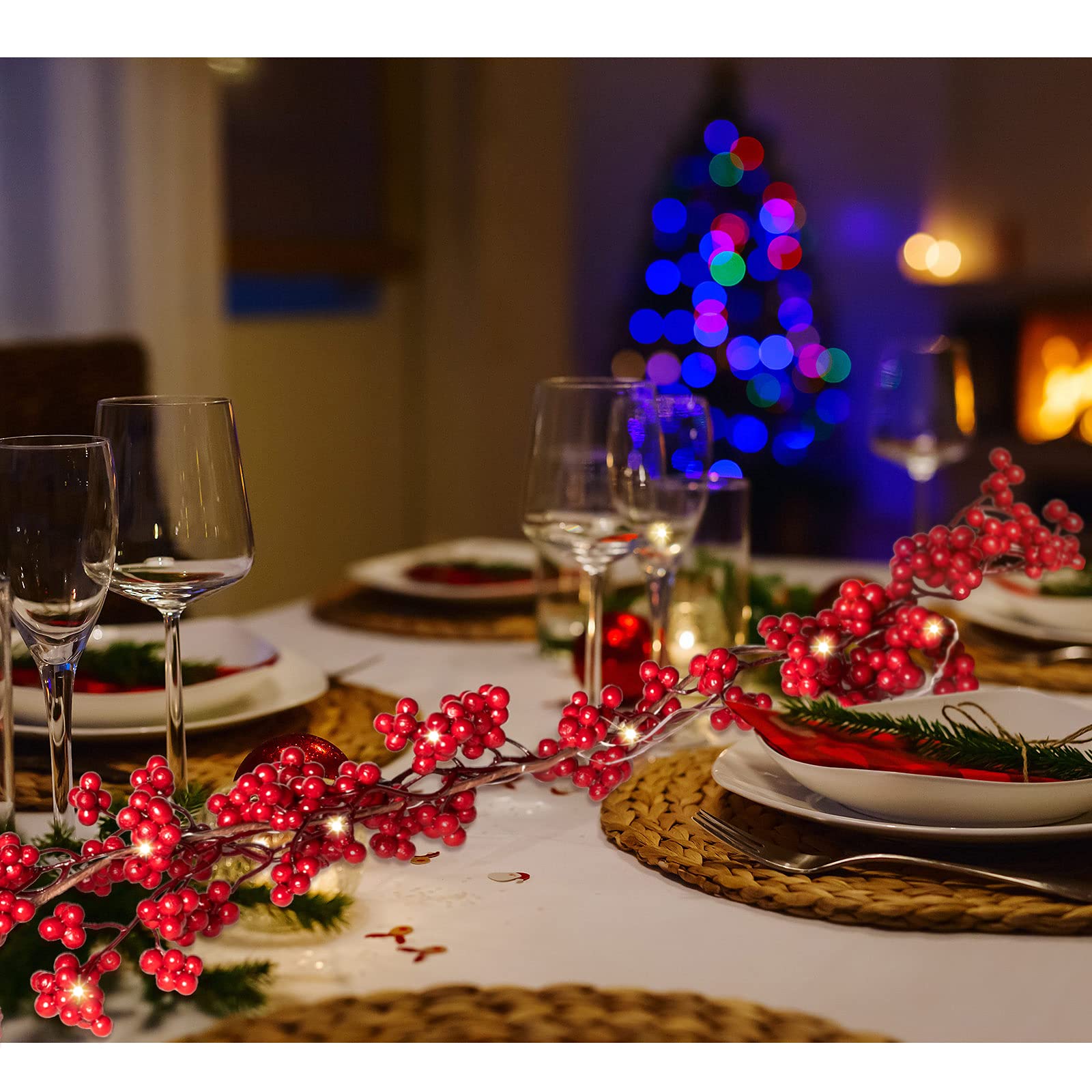 Syhood 2 Pcs Christmas Red Berry String Garland Artificial Lighted Berry Garland for Xmas Winter Valentine's Day Holiday Firepla