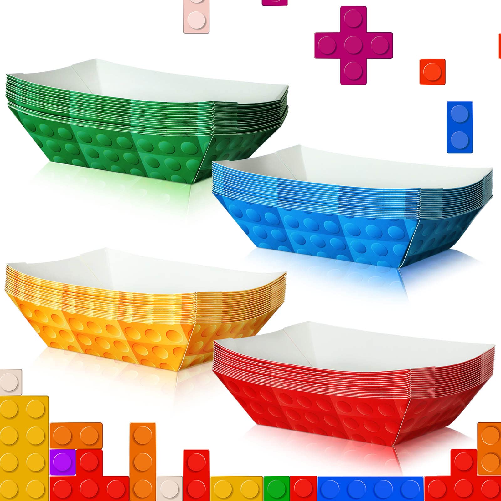 Ctosree 60 Pcs Building Block Favor Paper Food Trays Large Brick Theme Party Disposable Serving Tray Food Boats Nacho Trays Hot