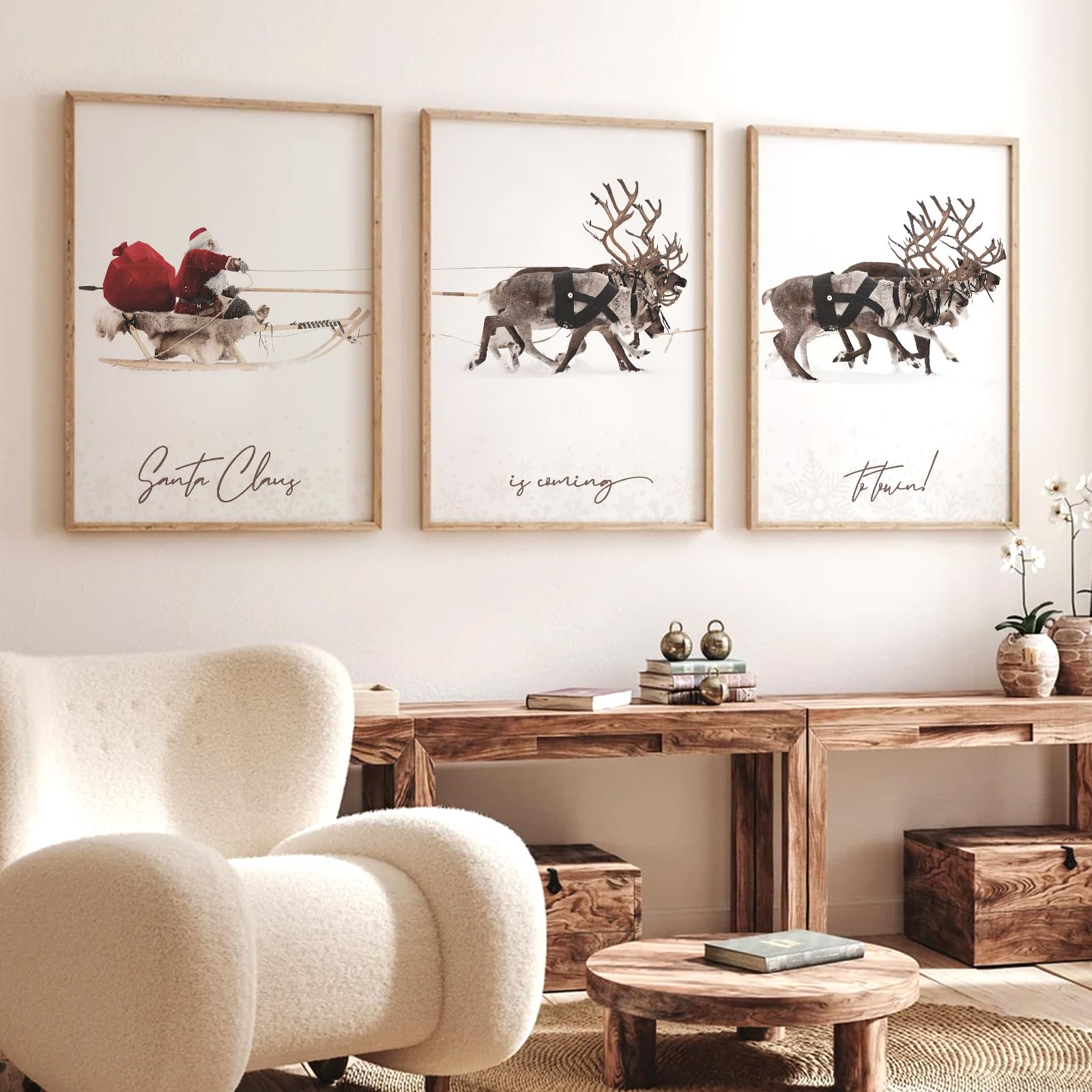 JarThenaAMCS 3Pcs Christmas Canvas Wall Art Prints Large Santa Claus with Sleigh Deer Art Poster Winter Xmas Wall Decor for Gall