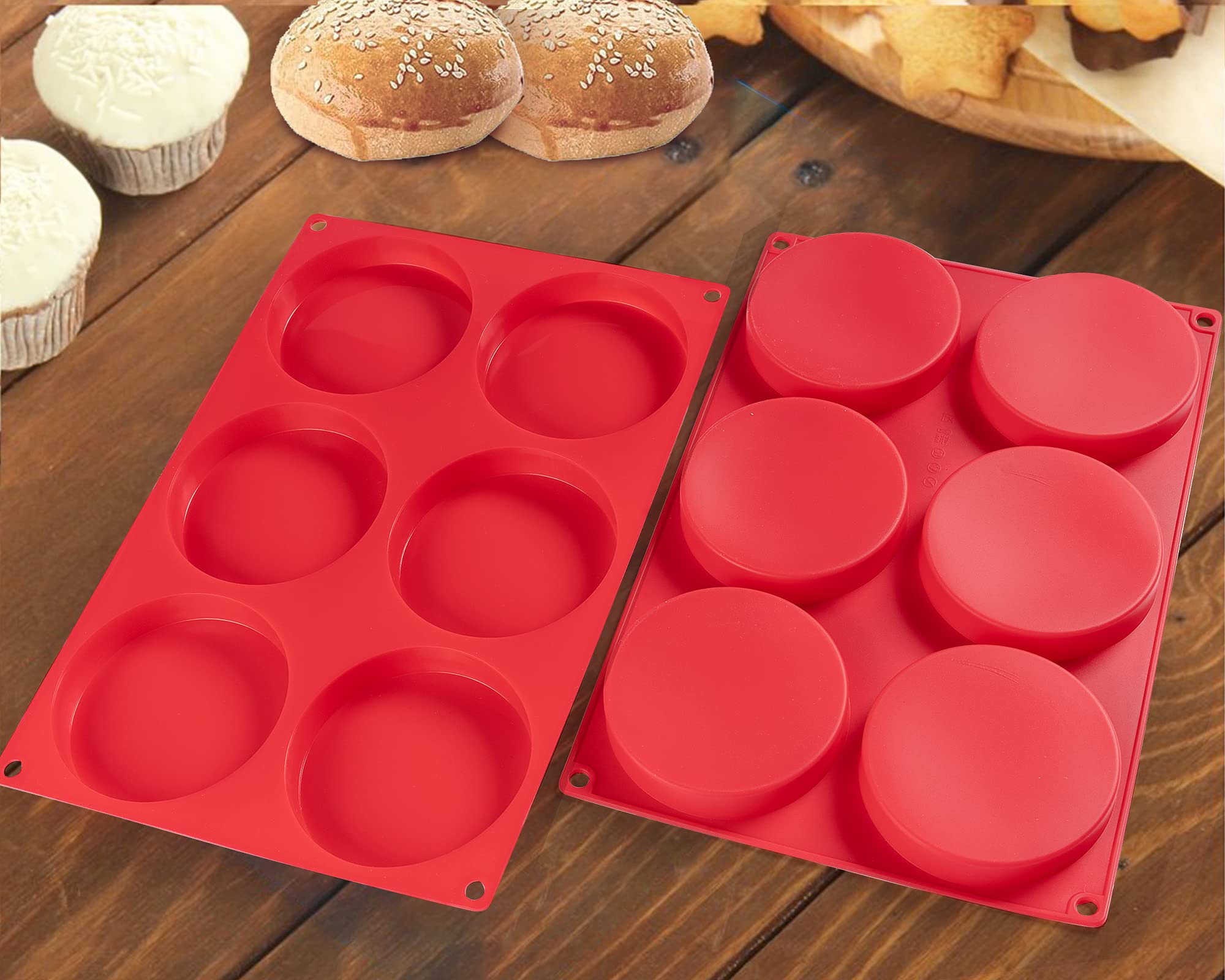 Hamburger Bun Molds 2 Pack Silicone Baking Pans, 4 Inch Muffin Top Pan Egg Sandwish Mold Small Layer Cake Molds Round Disc Pan F