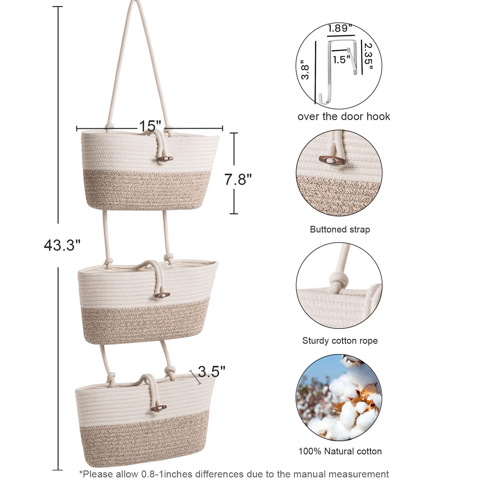 Oradrem Over The Door Basket Cotton Rope Organizer, 3-Tier Wall Hanging Storage Basket, Closet Organizing, Decorative Baskets Fo