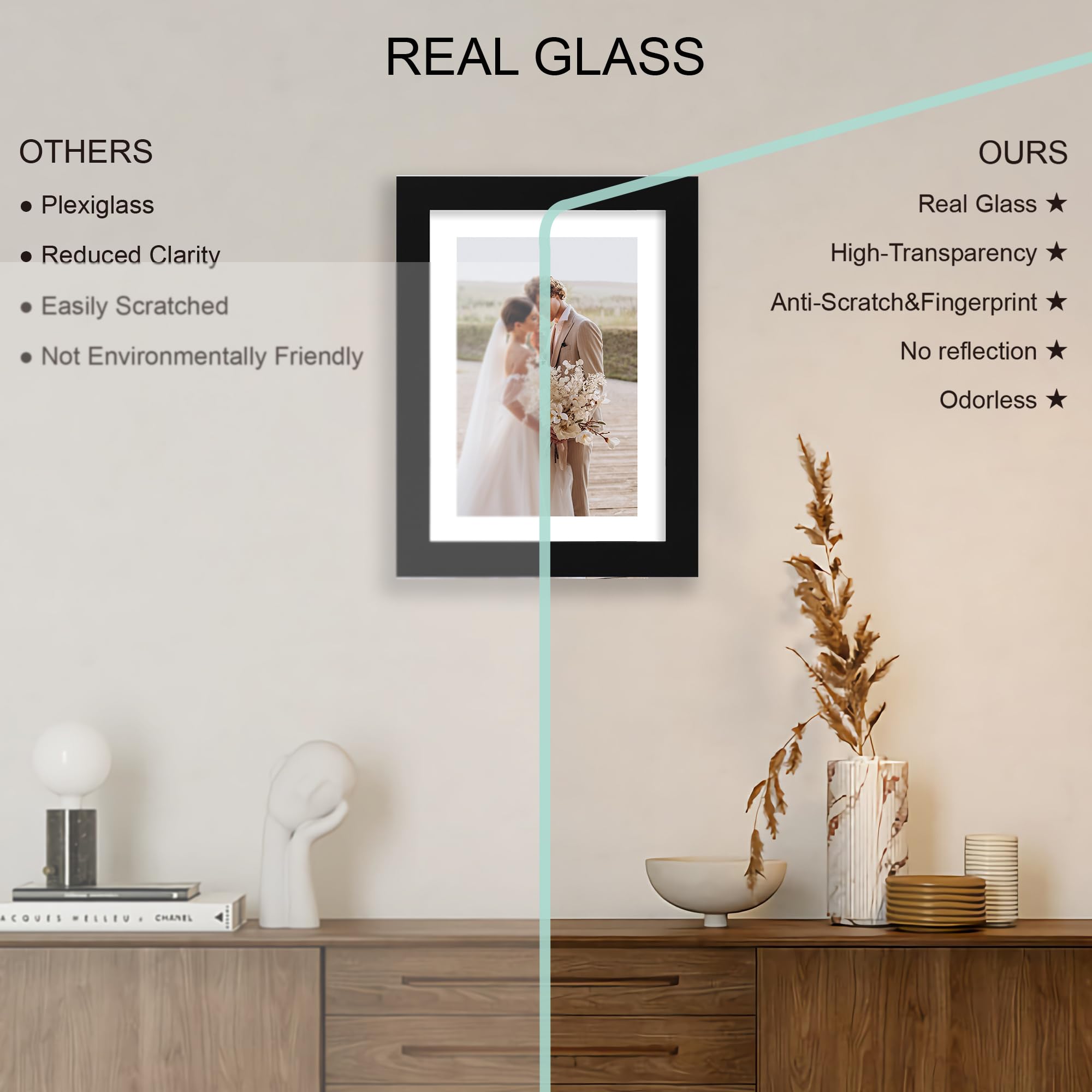 Hongkee 7x10 Picture Frame Set of 4, Made of Real Glass and Black Frame - Display Picture 5.5x8.5 with Mat or 7x10 Without Mat,