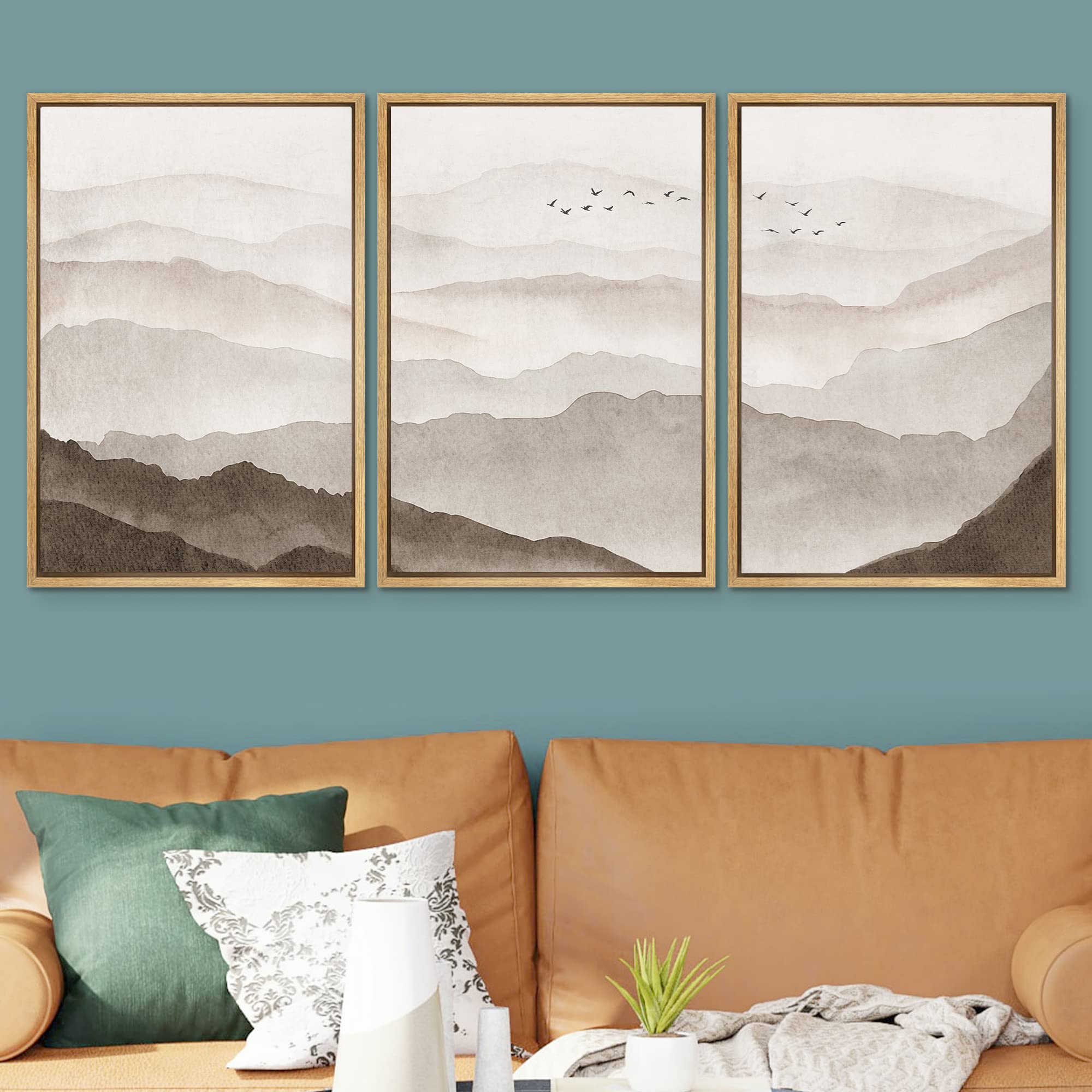 Signwin Framed Canvas Print Wall Art Set Brown Watercolor Fog Mountain Range Nature Wilderness Illustrations Modern Art Decorati