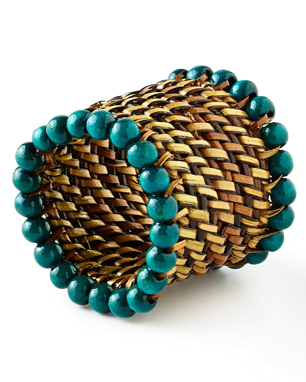 Calaisio, Set Of 4, Woven Round Bead-Rimmed Napkin Rings, Sea Green, Imported