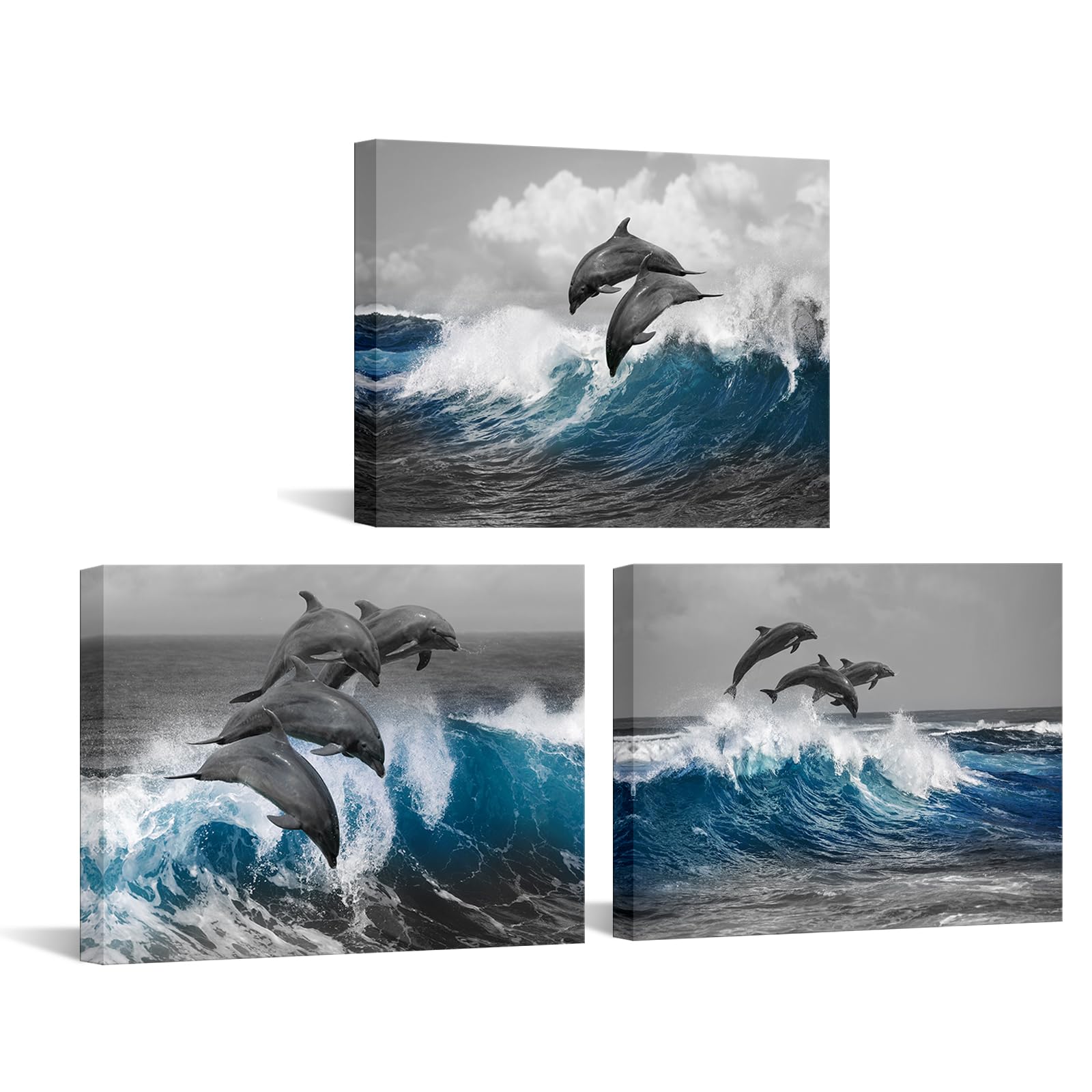 Biuteawal 3 Piece Dolphin Wall Art Grey Blue Ocean Sea Animal Picture Bathroom Decor Marine Painting Prints On Canvas Framed Hom