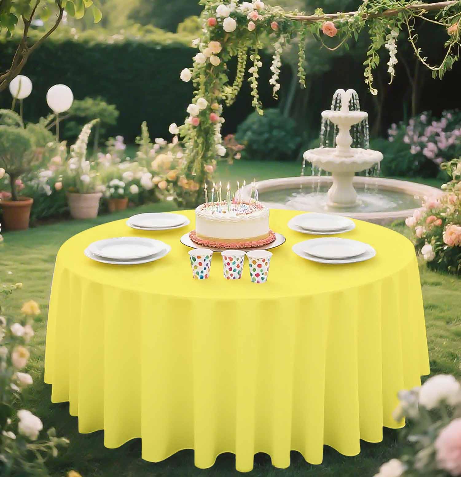 SietDESEO 2 Pack Yellow Tablecloth Round 84 x 84 Plastic Table Cover Waterproof Yellow Table Cloth Disposable for Wedding Birthd