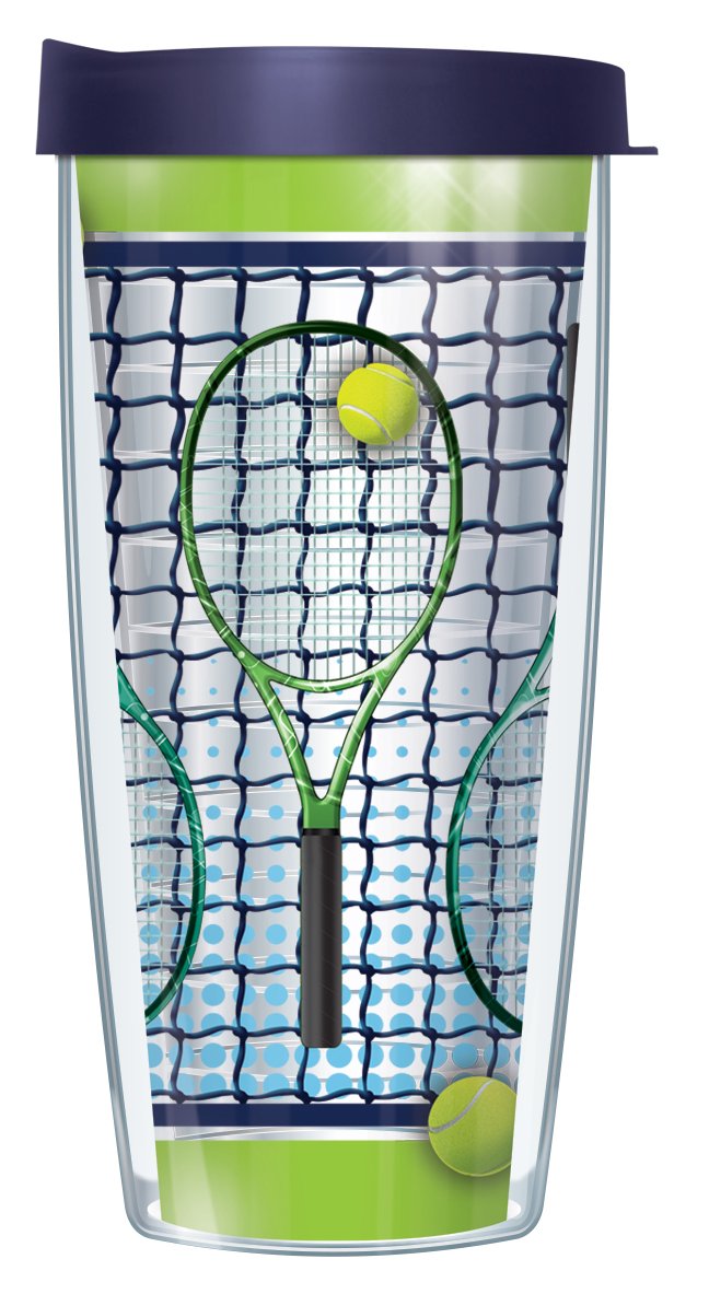 Signature Tumblers Tennis Gear Wrap On Lime Green 16 Ounce Double-Walled Travel Tumbler Mug With Navy Blue Easy Sip Lid