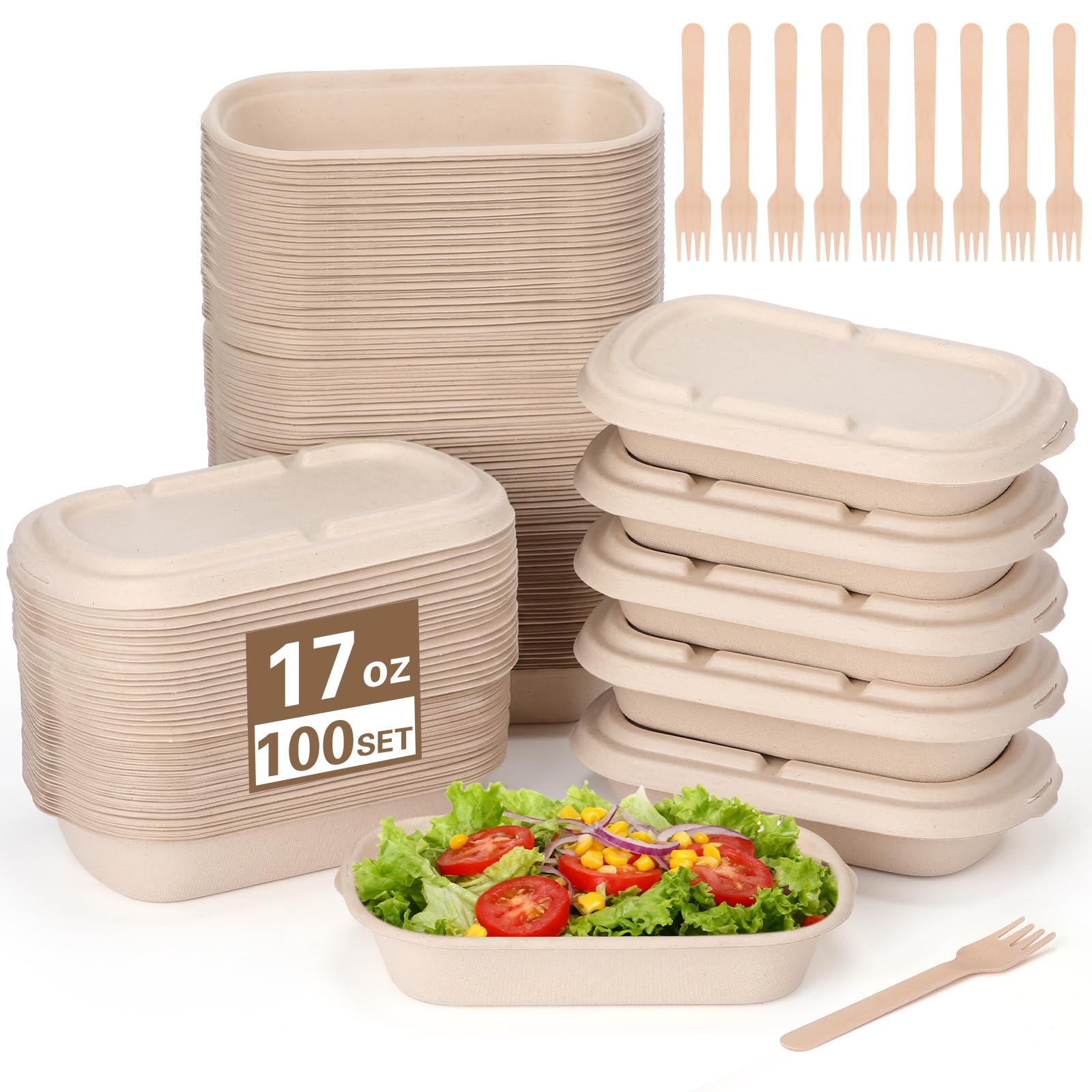 Acellegic 100 Pack 17 oz Disposable Paper Meal Containers with Lids and Forks Compostable Take out Food Containers for Salad Lef