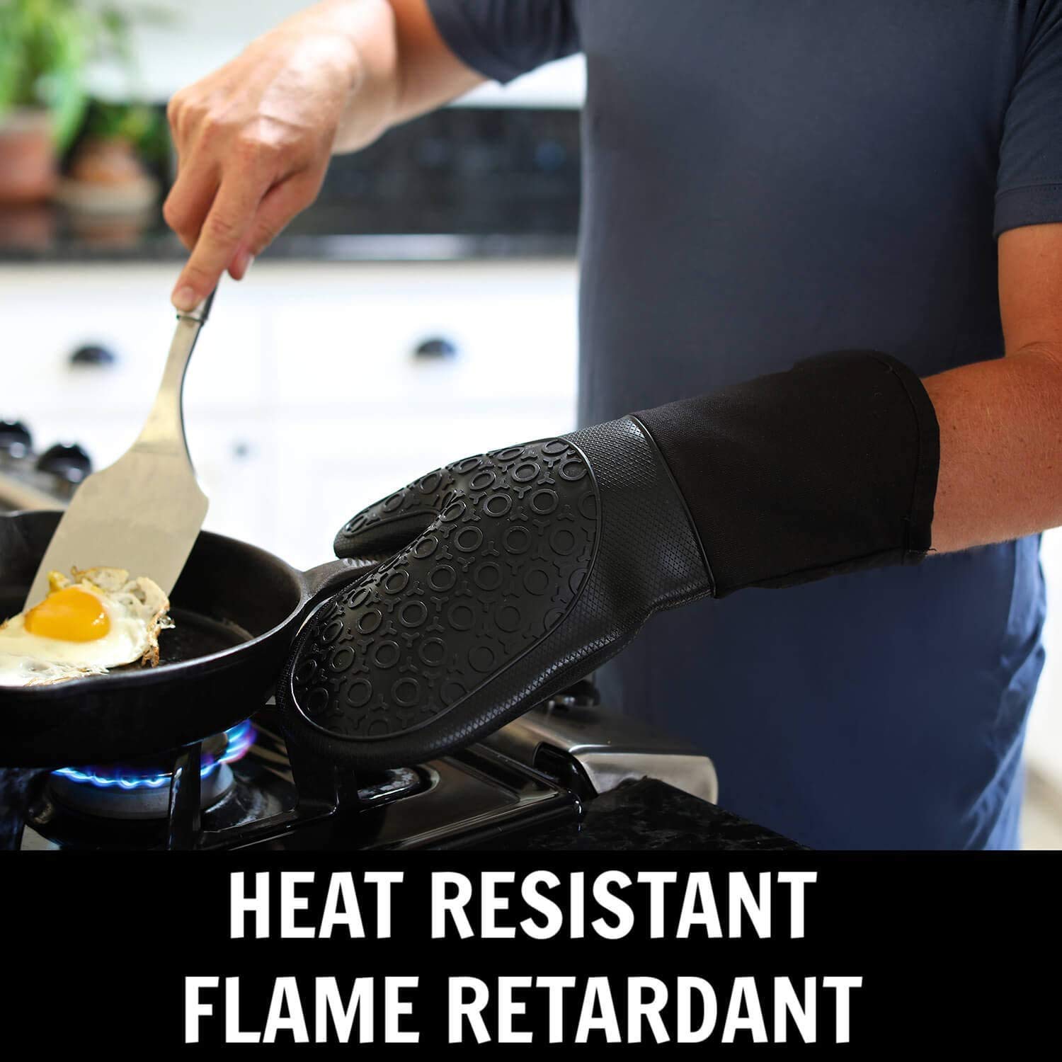 Homwe Silicone Oven Mitts And Pot Holders, 4-Piece Set, Heavy Duty Cooking Gloves, Kitchen Counter Safe Trivet Mats, Advanced He