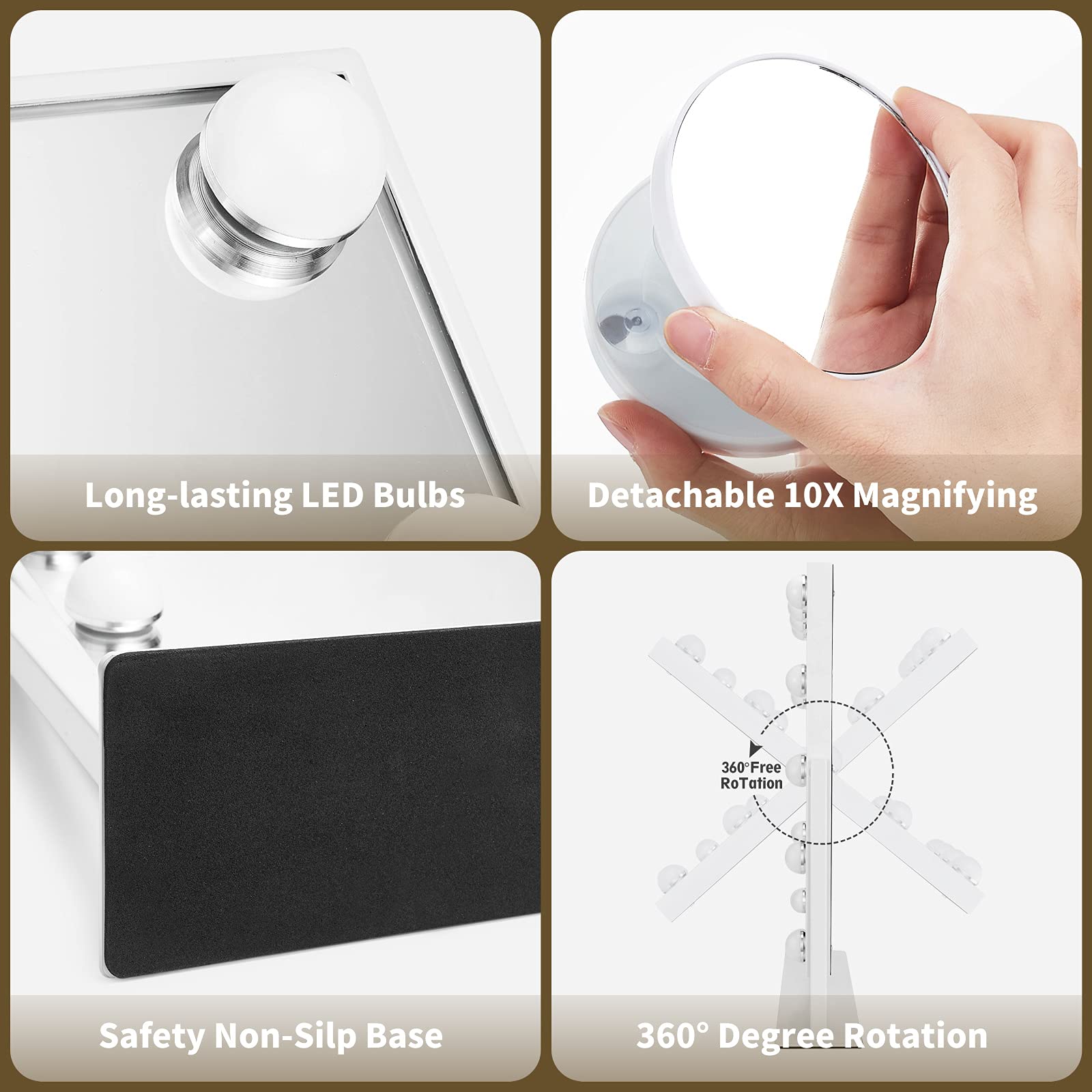 Nusvan Vanity Makeup Mirror With Lights,3 Color Lighting Modes Detachable 10X Magnification Mirror Touch Control,360Rotation, Wh