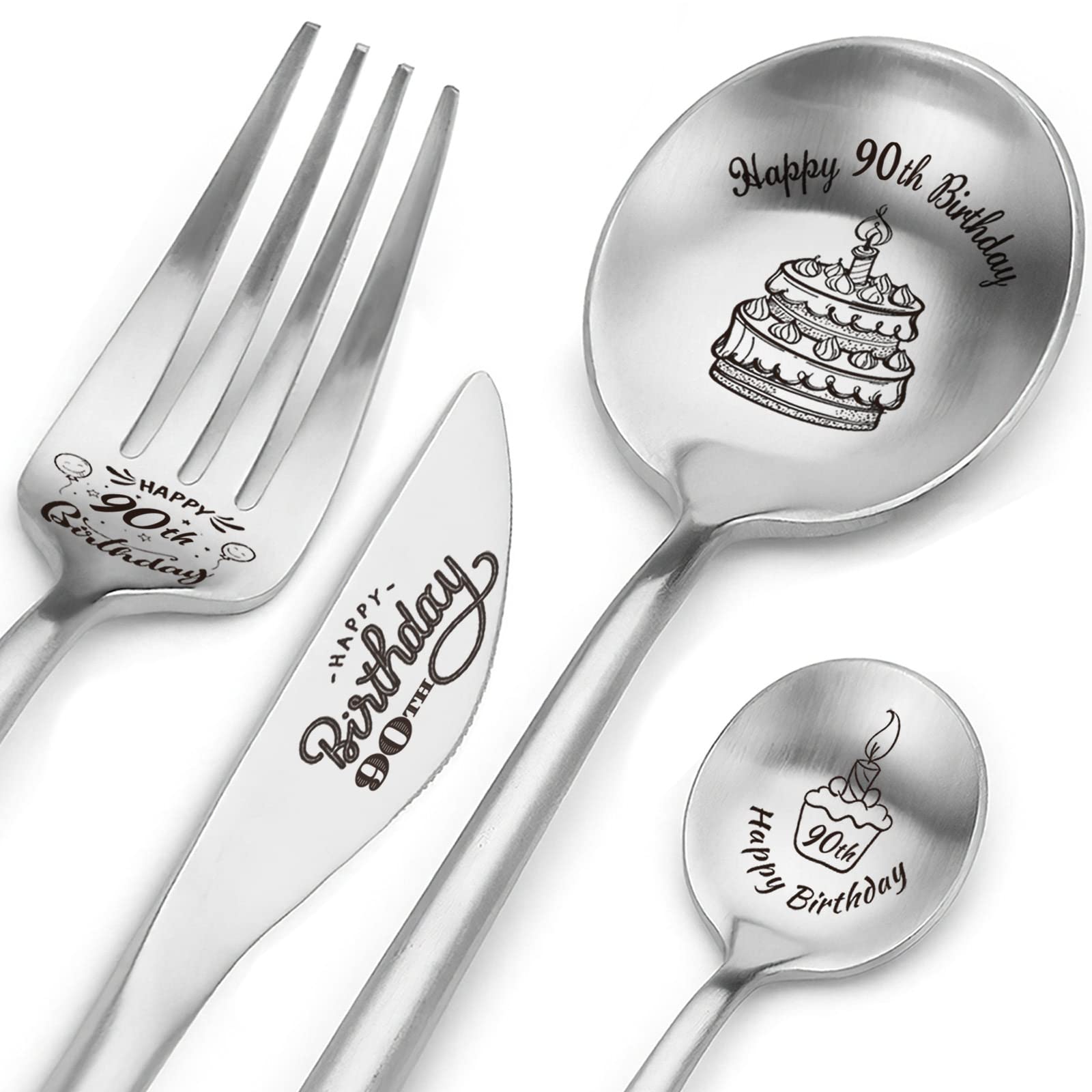 Happy 90Th Birthday Spoon&Fork Gifts Engraved Cutlery Set Personalized Birthday Gifts For Grandpa Grandma Father Mother Sister B