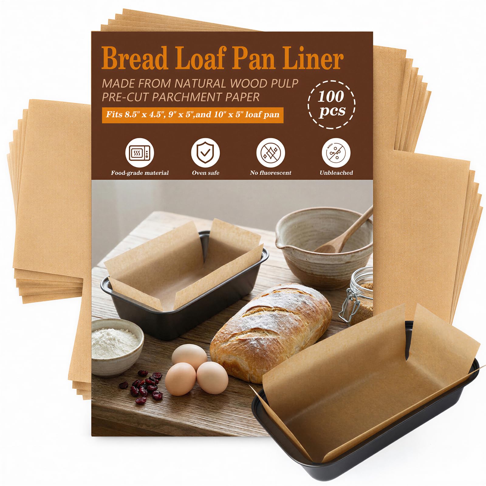 HUAKENER Loaf Pan Liners, 100 Pcs Loaf Pan Liners for Baking Bread 9x5 Inch
