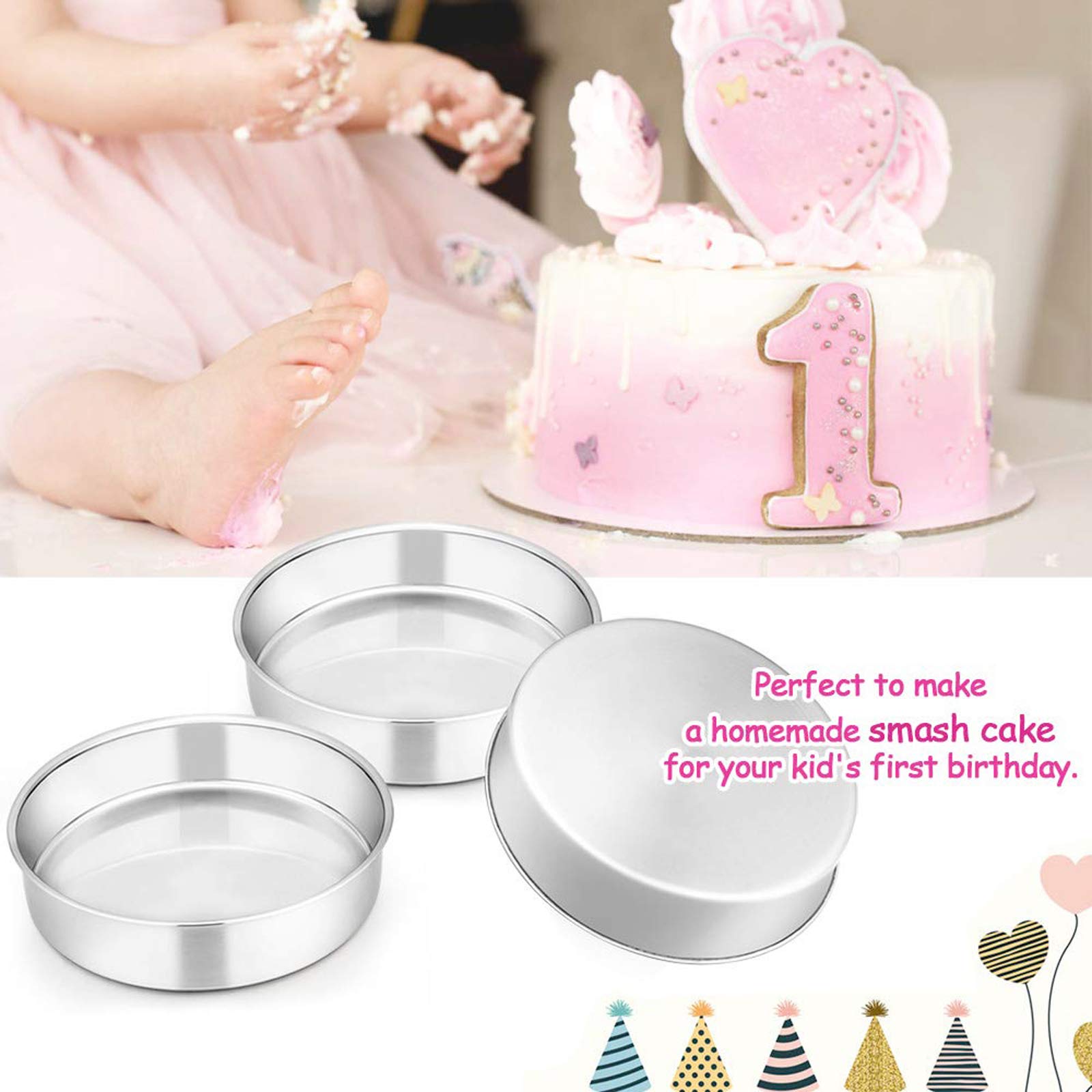 E-far 6 Inch Cake Pan Set of 2  Stainless Steel Round Smash Cake Baking Pans  Non-Toxic & Healthy  Mirror Finish & Dishwasher Safe