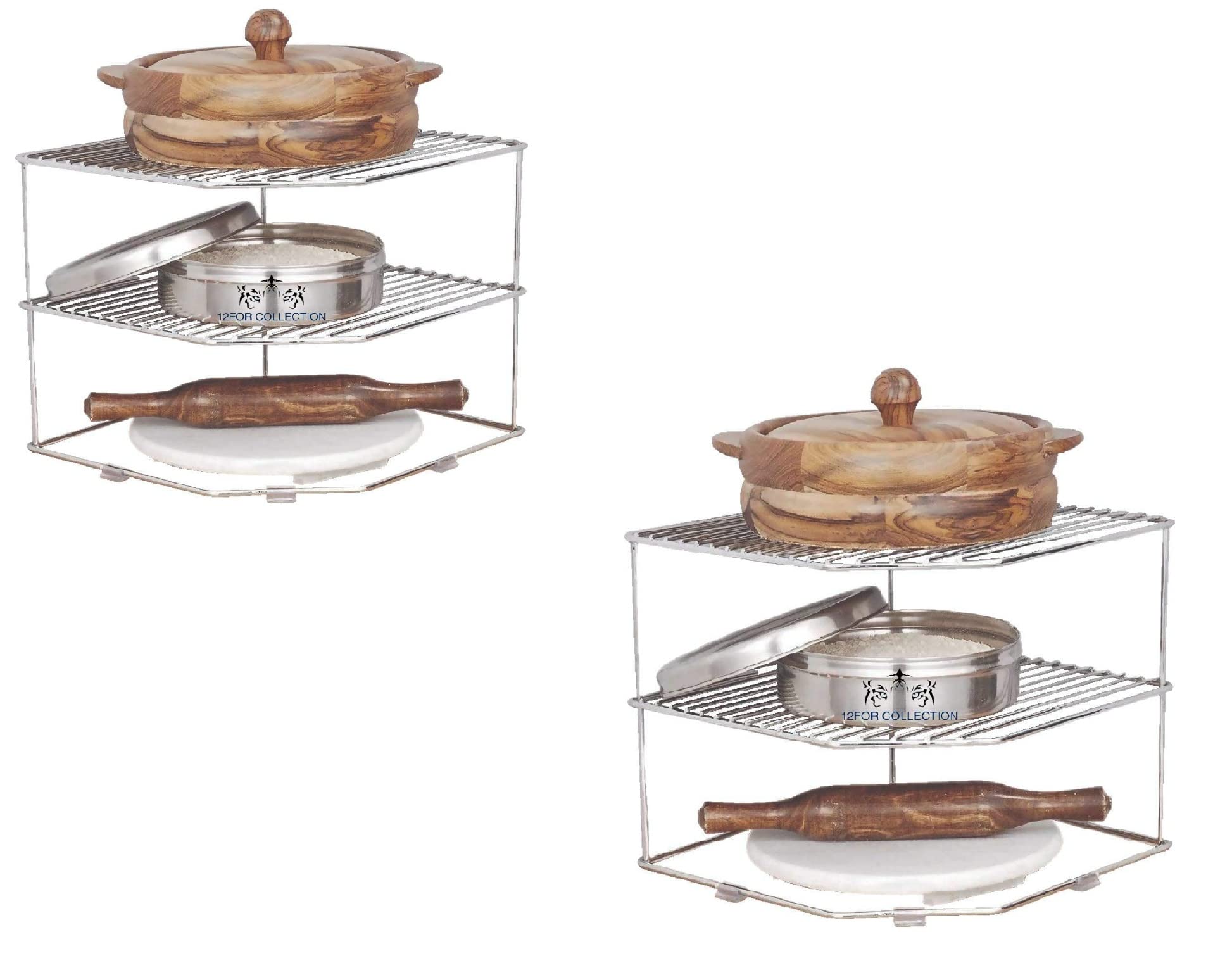 12For Collection Combo Set Multipurpose Stainless Steel 3Layer Kitchen Plate Dish Corner Mild Steel Shelf Rack Organizer Stand 