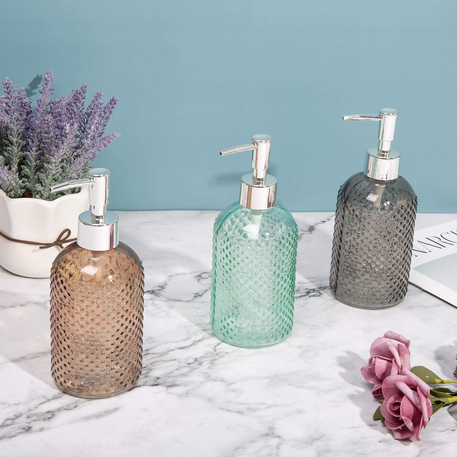 Cutiset 3 Pack Assorted Glass 15 Ounce Lotion Soap Dispenser Bottle with Pump for Bathroom  Kitchen