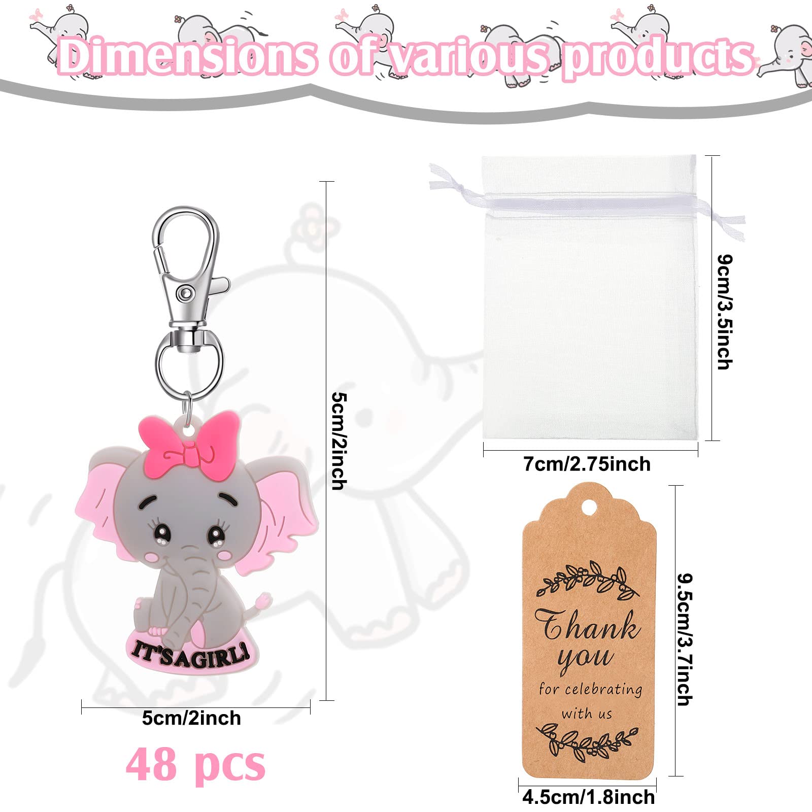 48 Sets Baby Shower Return Favors For Guests Thank You Gift Baby Elephant Keychains Organza Bags Thank You Kraft Tags For Elepha