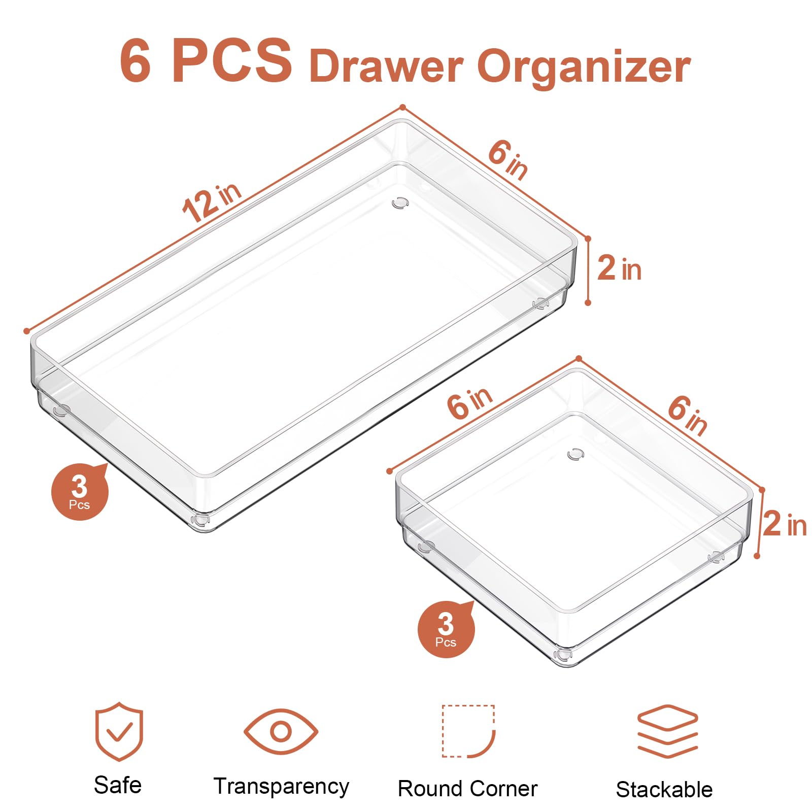 SMARTAKE 6 PCS Clear Plastic Drawer Organizers Set, Large Size Non-Slip Desk Drawer Organizer, 2-Size Versatile Bathroom and Van