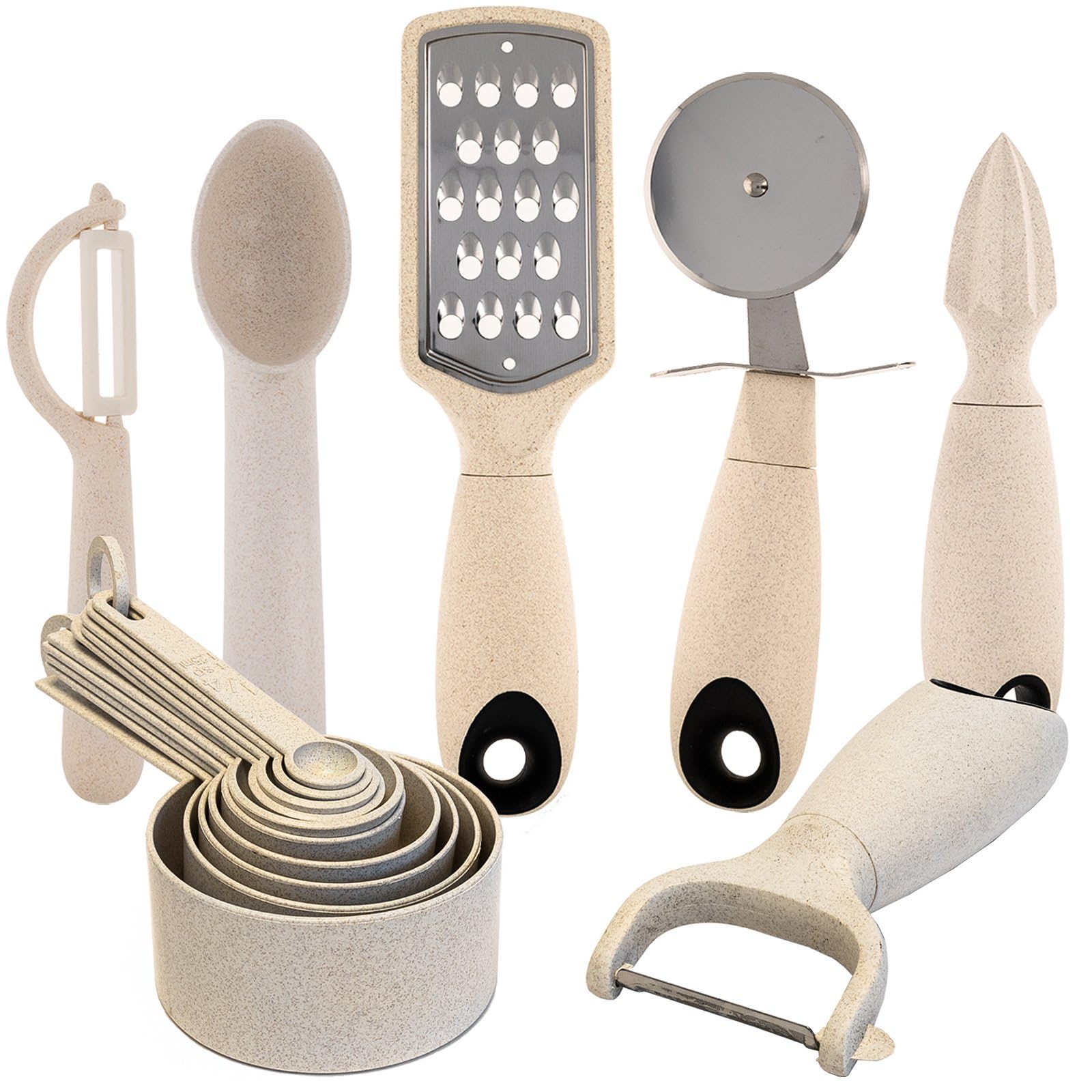 Beille 16pc Wheat Straw Complete Kitchen Utensils Set, Cream