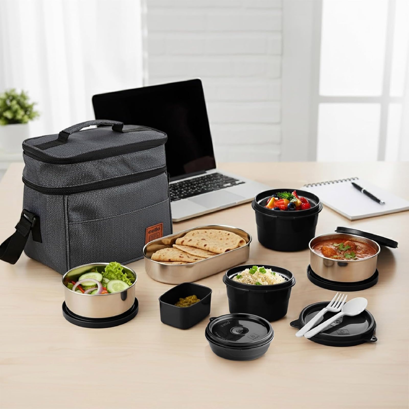 Cello Mf All Day Meal Lunch Box With Bag, Grey | Microwave Safe Containers (550Ml,375Ml,225Ml) + Steel Containers (500Ml, 300Ml)