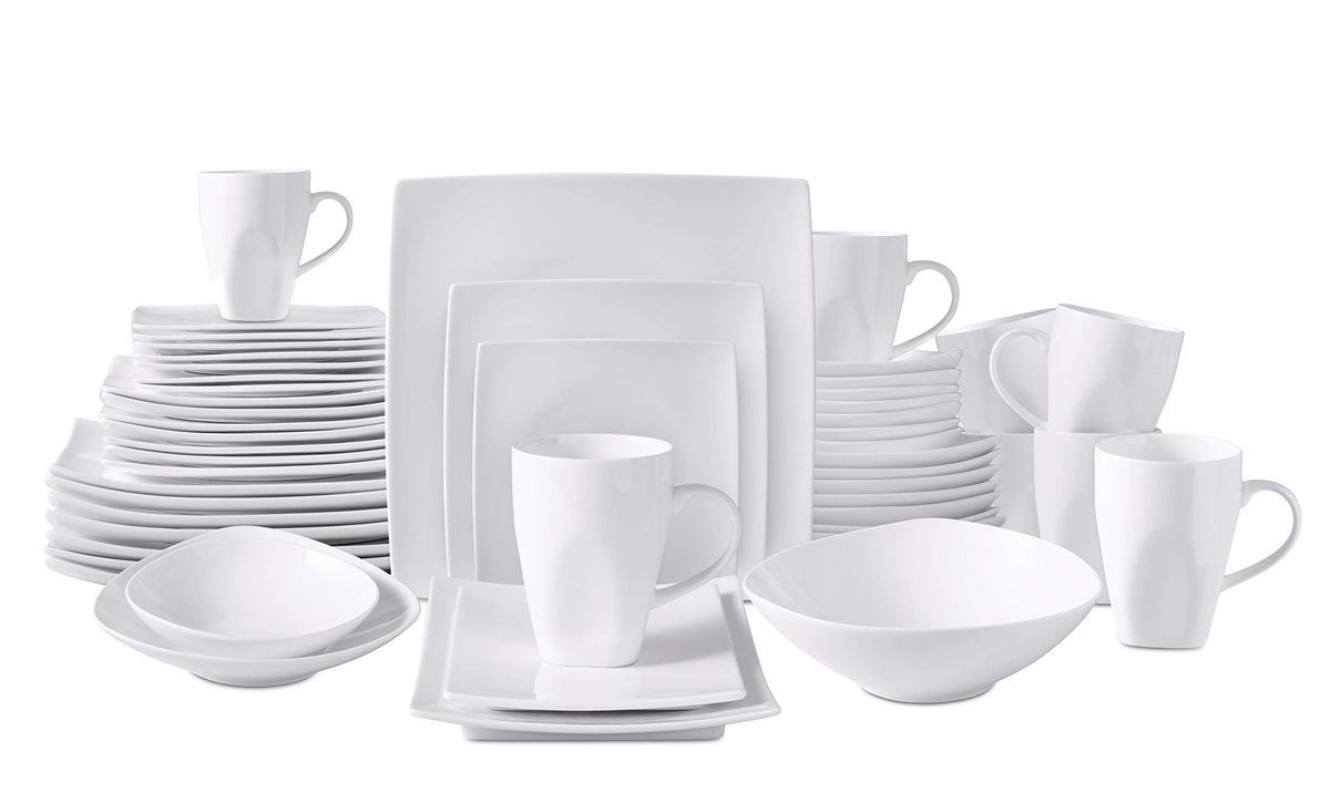 HomeVss, Bone China Square Shape, Elegance White 51pc Dinnerware Set