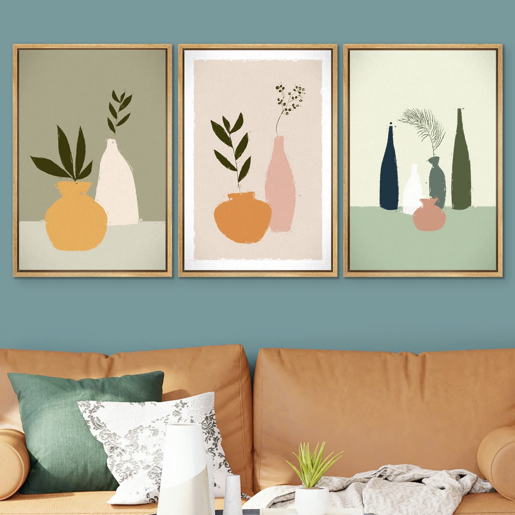 Signwin Framed Wall Art Print Set Forest Leaves In Vibrant Pastel Vases Nature Wilderness Illustrations Modern Art Rustic Colorf