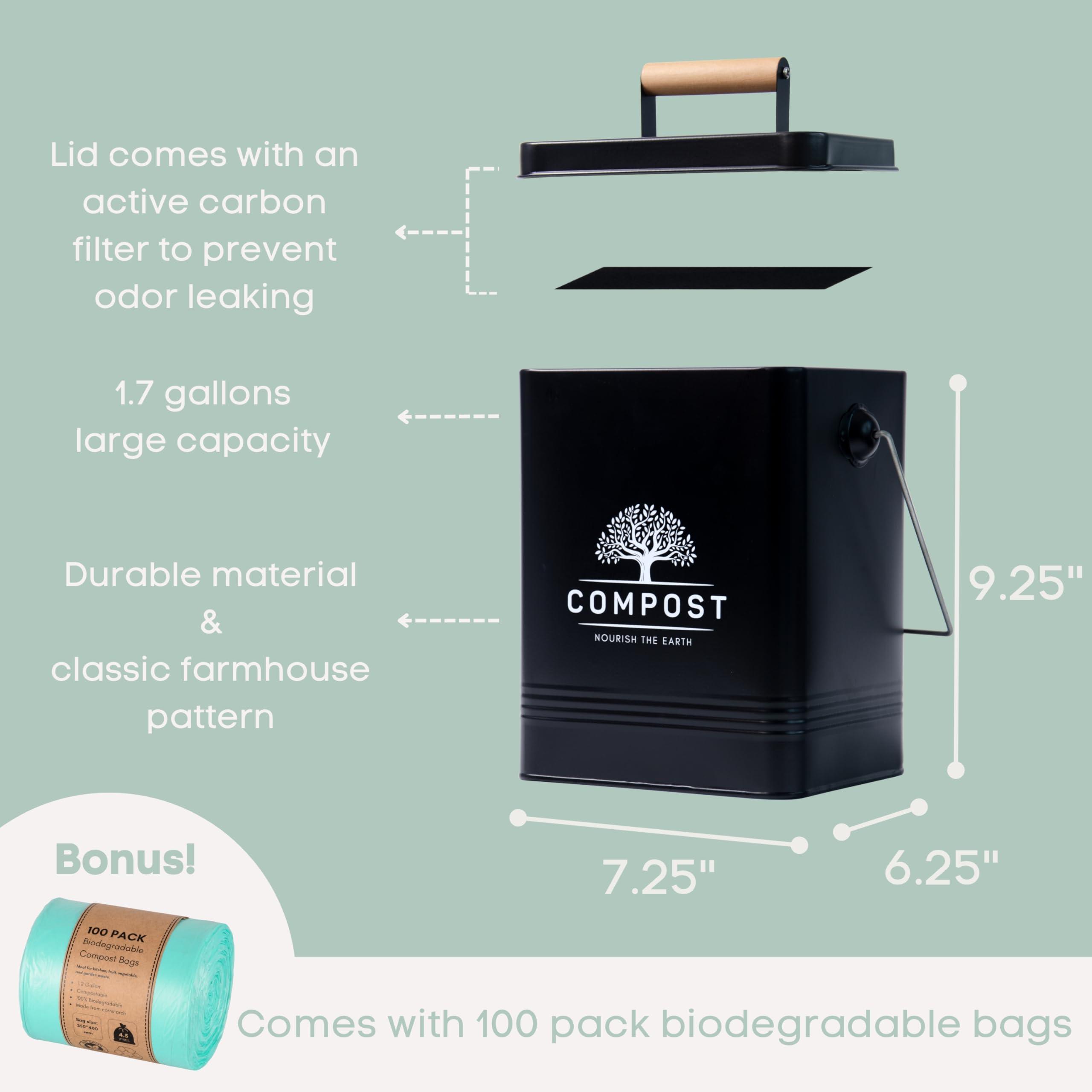 Perfnique Kitchen Compost Bin, 1.7 Gallon Countertop Compost Bin With Lid, Indoor Compost Bin Includes 2 Carbon Filters, Small C