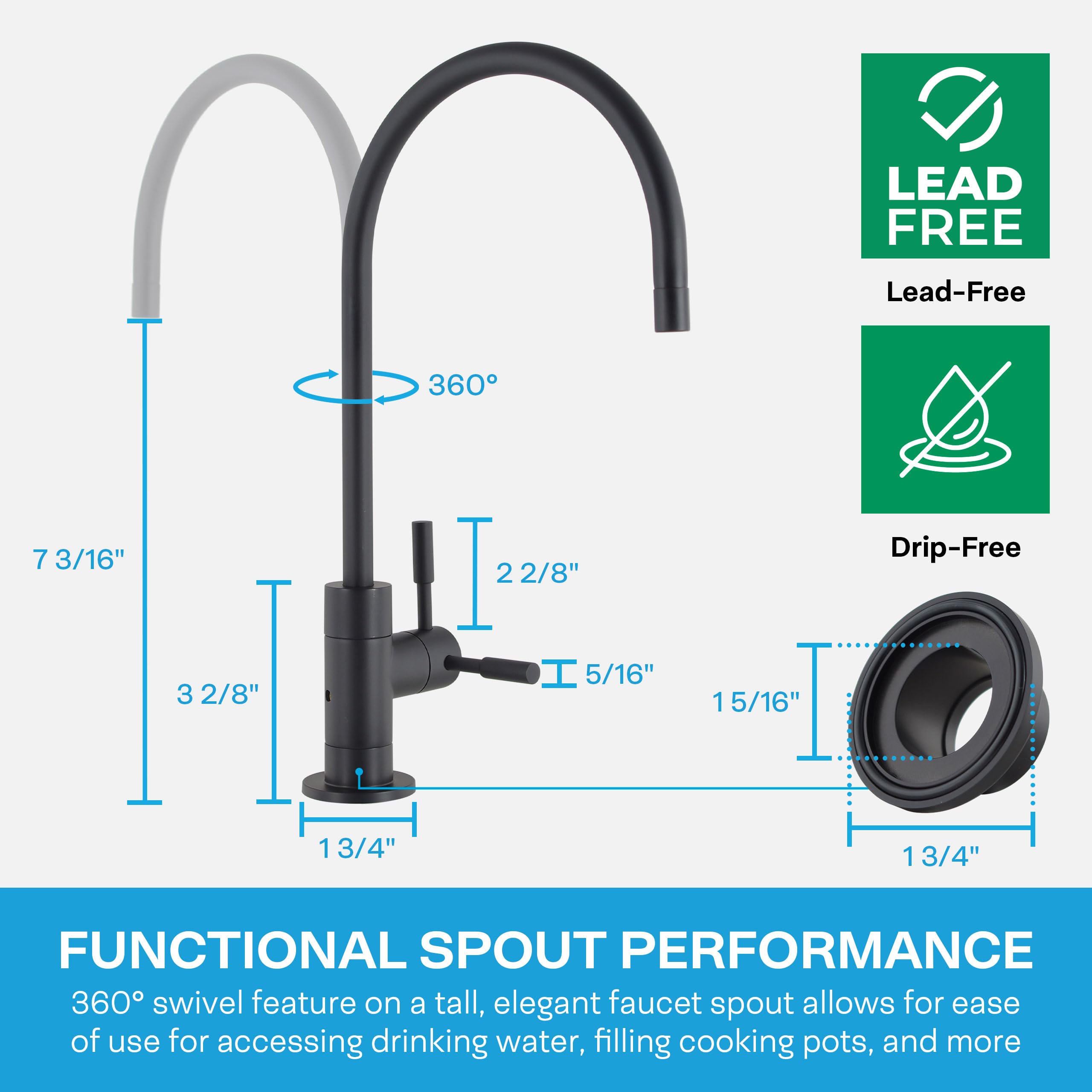 Spiropure Air Gap Ro Faucet, Matte Black/Oil Rubbed Bronze, Reverse Osmosis Replacement Water Filter Faucet, 3-Line Filtered Fau
