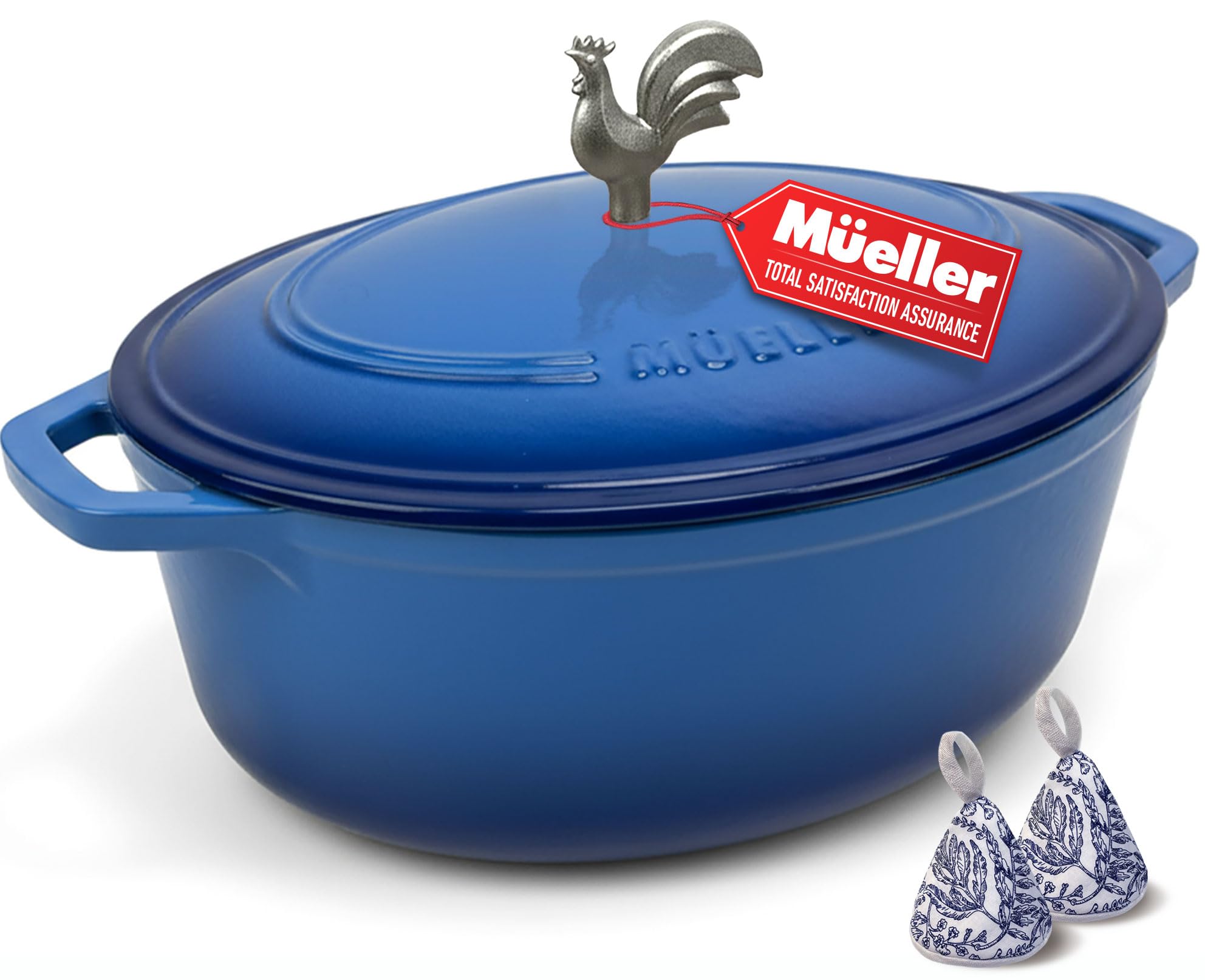 MUELLER HOME 5.5 Quart Enameled Cast Iron Oval Dutch Oven w Rooster Knob & Cotton Potholders, Heavy-Duty Cookware, Oven-Safe up 