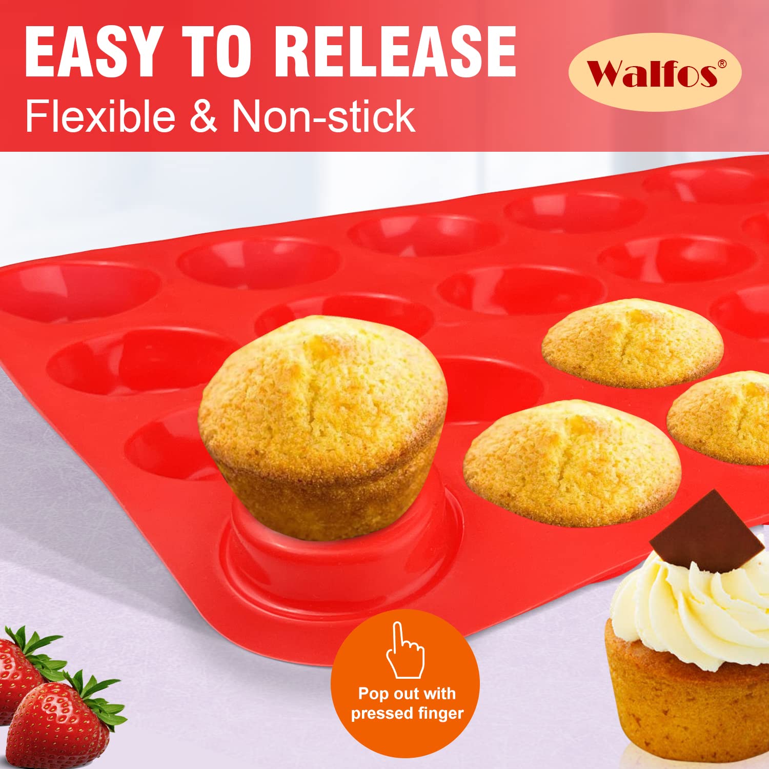 Walfos Mini Silicone Muffin Pan - 24 Cups, Bpa Free And Dishwasher Safe, Non-Stick Silicone Cupcake Baking Pan, Great For Making