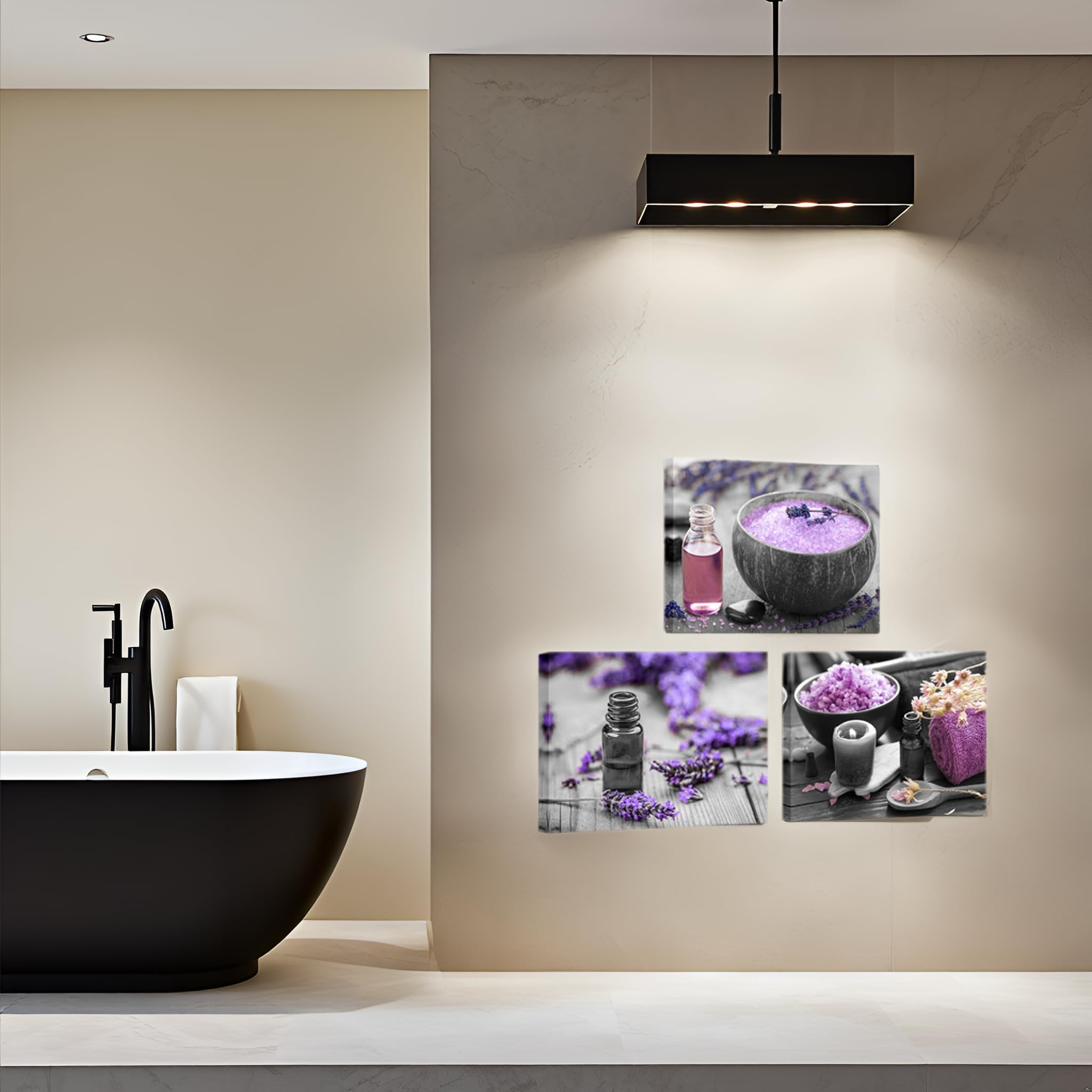 LevvArts 3 Piece Canvas Wall Art for Bathroom Wall Decor Purple Lavender Flower and Spa Salt Picture Painting Print on Canvas Zen Still Life Artwork Stretched Canvas Ready to Hang 12x16inchesx3pcs