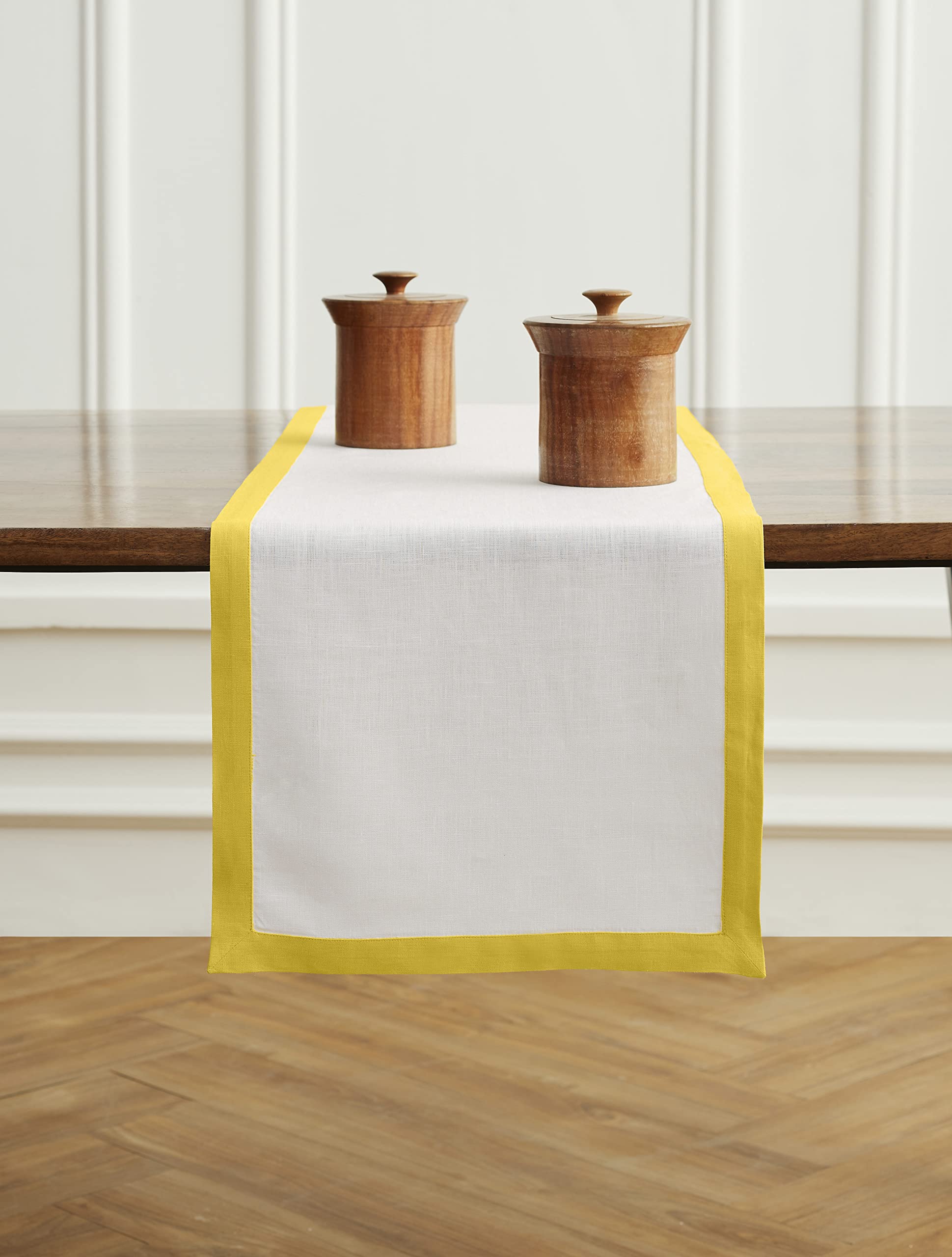 Solino Home Linen Table Runner - Sunshine Yellow And White 14 X 36 Inch - 100% Pure Linen Classic Table Runner For Spring, Summe