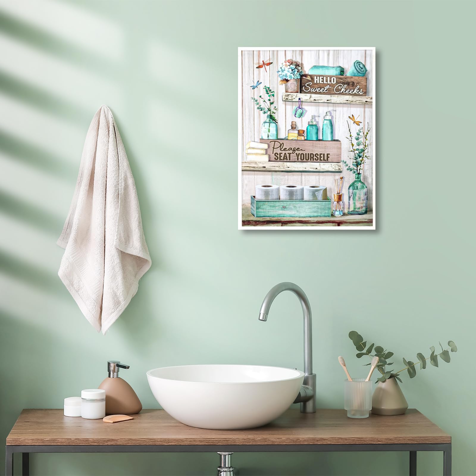Dazzlewall Farmhouse Bathroom Wall Decor Poster Dragonfly Flower And Bottles, Rustic Wall Poster For Bathroom Toilet Decor 12X16
