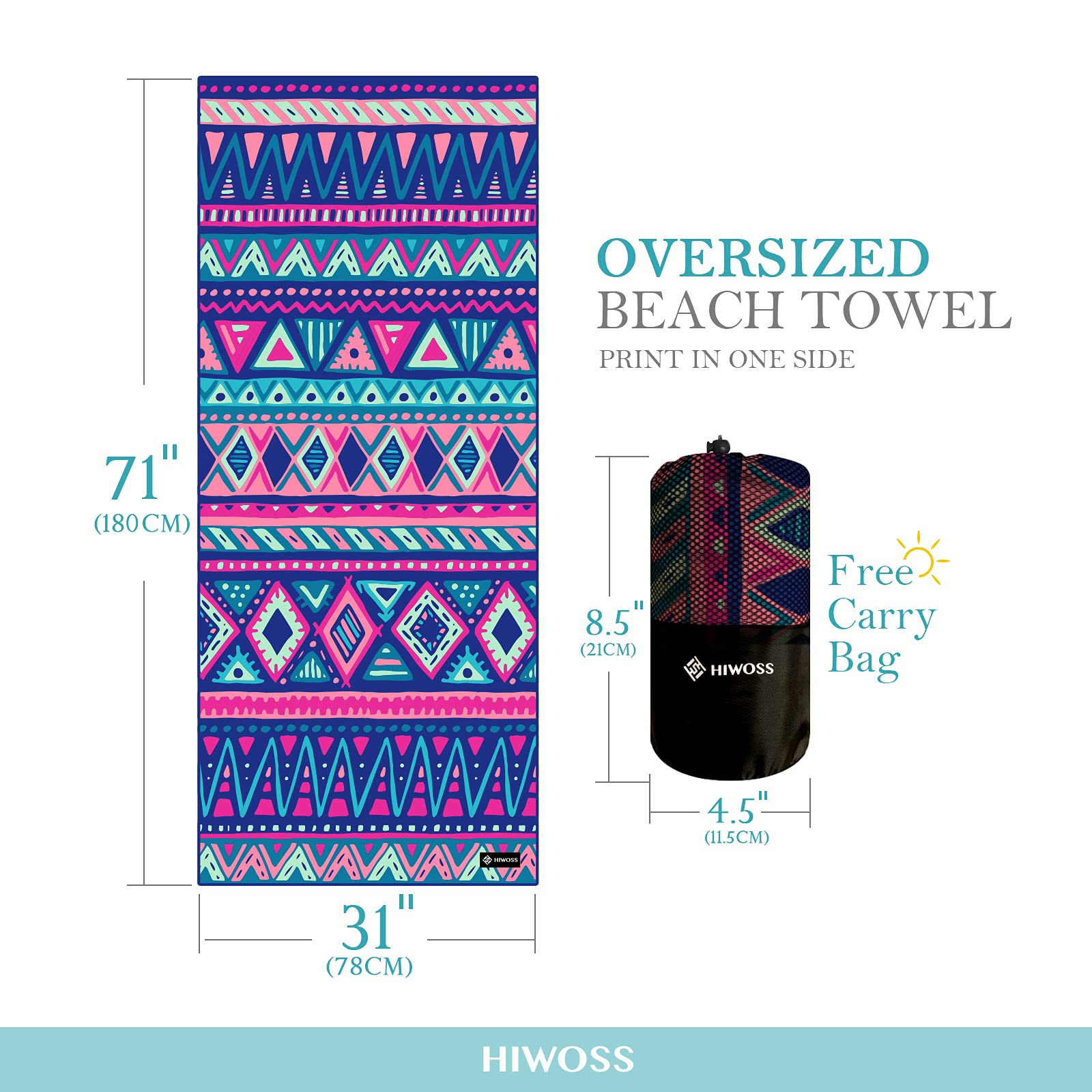 Hiwoss Microfiber Beach Towels Oversized 71''X31'', Soft Touch Ultra-Absorbent Quick Dry Sand Free Large Pool Towels With Mesh B