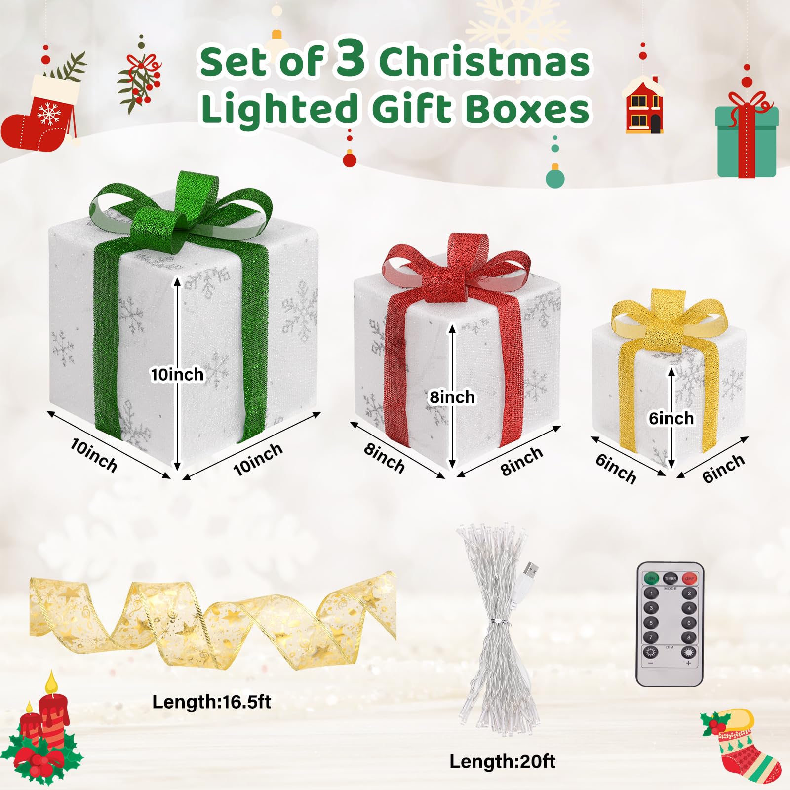 Attmu Set of 3 Christmas Lighted Gift Boxes, 102 LED Light Up Battery Operated Gift Present Boxes, 16ft Christmas Tree Ribbon &