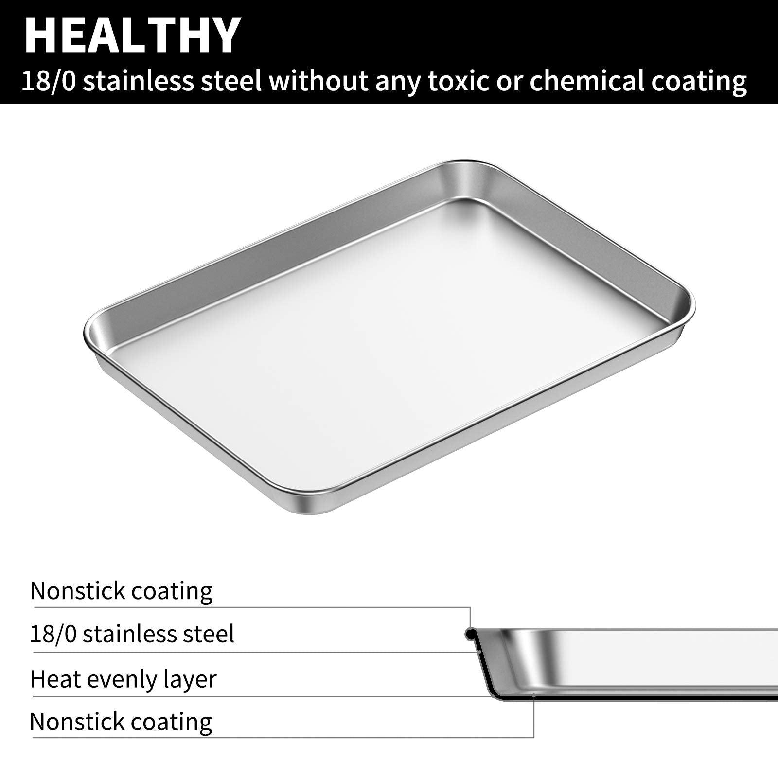 Baking Sheets Set Of 2, Bastwe Stainless Steel Baking Pan Tray Cookie Sheet, Size 10 X 8 X 1 Inch, Non Toxic  Healthy, Rust Free