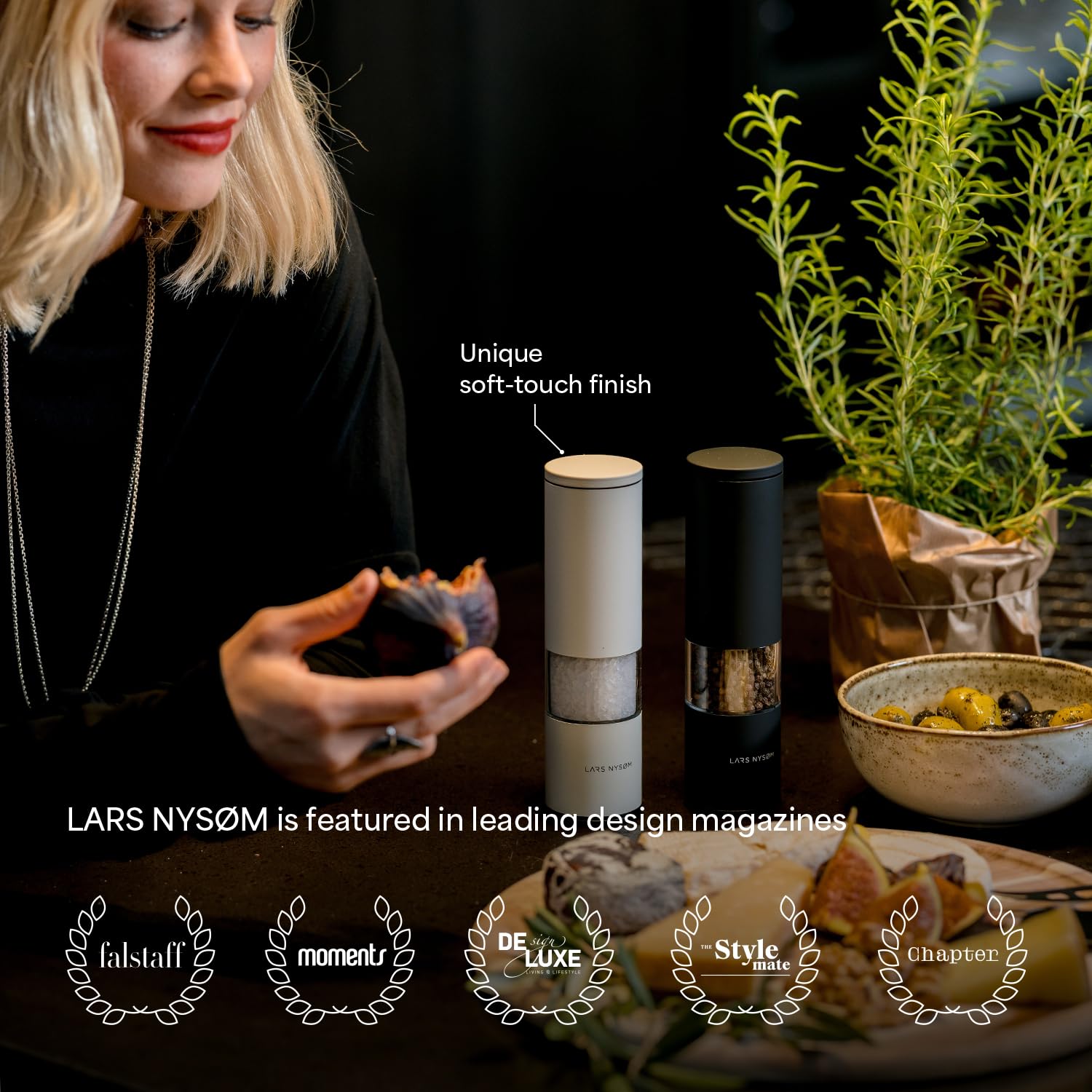 LARS NYSAM Salt and Pepper Mills Set Stainless Steel with Adjustable ceramic grinder 2 pieces I Design Spice Mills Set Manual (cool grey)