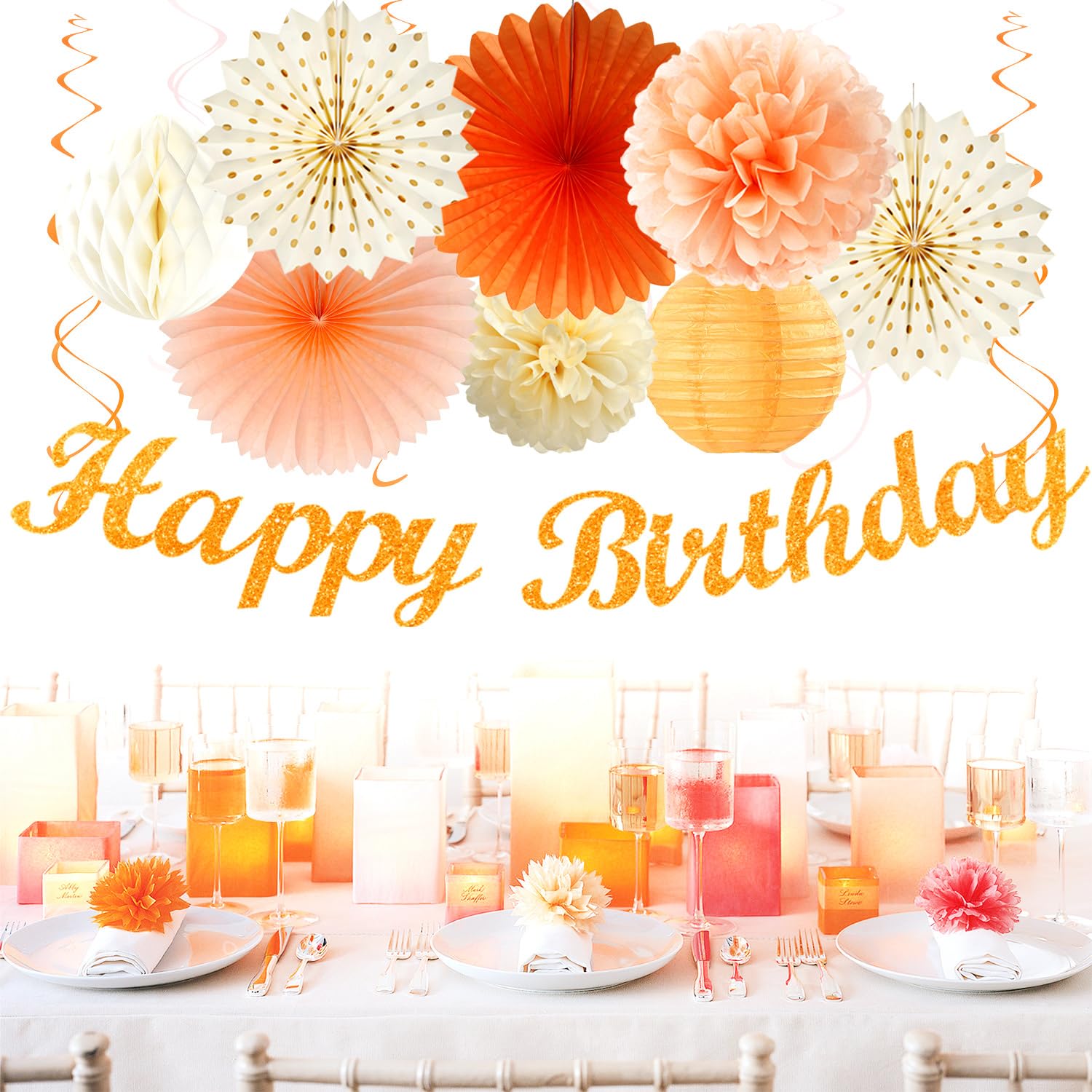 Orange-Beige Fal Boho Birthday Party-Decorations - 21Pcs Autumn One Two Sweet Peach Happy Banner,Girls Groovy Paper Streamers La
