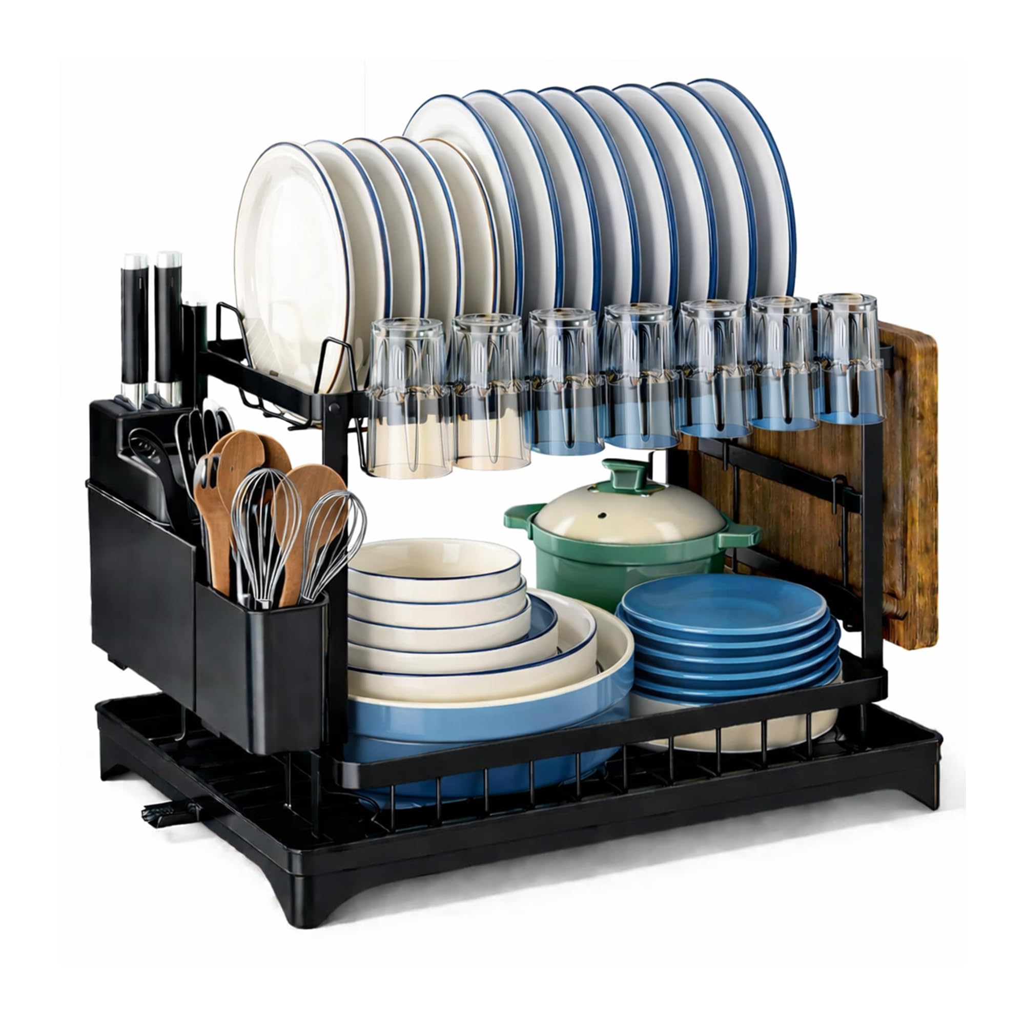 Enginess 2 Tier Dish Drying Rack With Drainboard  Large Capacity Kitchen Dish Drainer With Utensil Holder & Glass Rack  Space 
