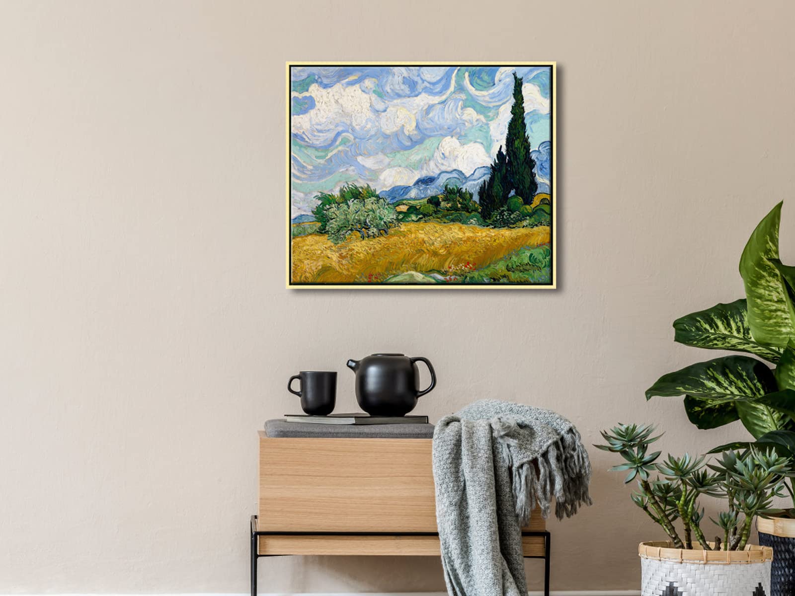 Wieco Art Framed Canvas Art Wheat Field With Cypresses By Van Gogh Impressionist Landscape Oil Paintings Canvas Prints Artwork W