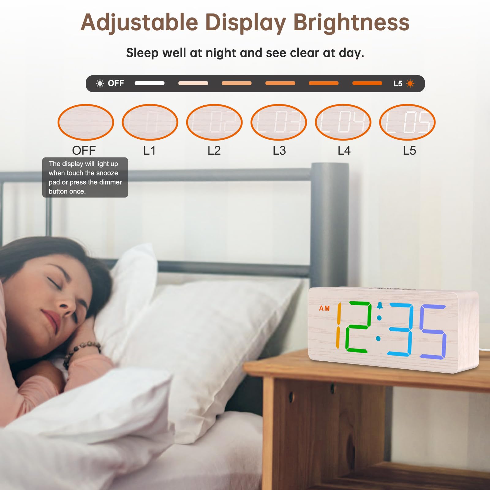 DreamSky Wooden Digital Clock for Bedroom Desk - RGB Loud Alarm Clock for Heavy Sleepers with Volume Control, Large Numbers with