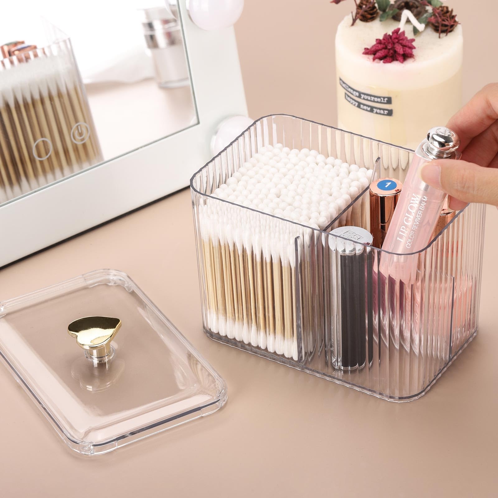 Tbestmax Qtip Holder Dispenser 3-Section Clear Bathroom Organizer Jar 3 Grids Cotton Swab/Pad/Ball Holder Container Cosmetics St