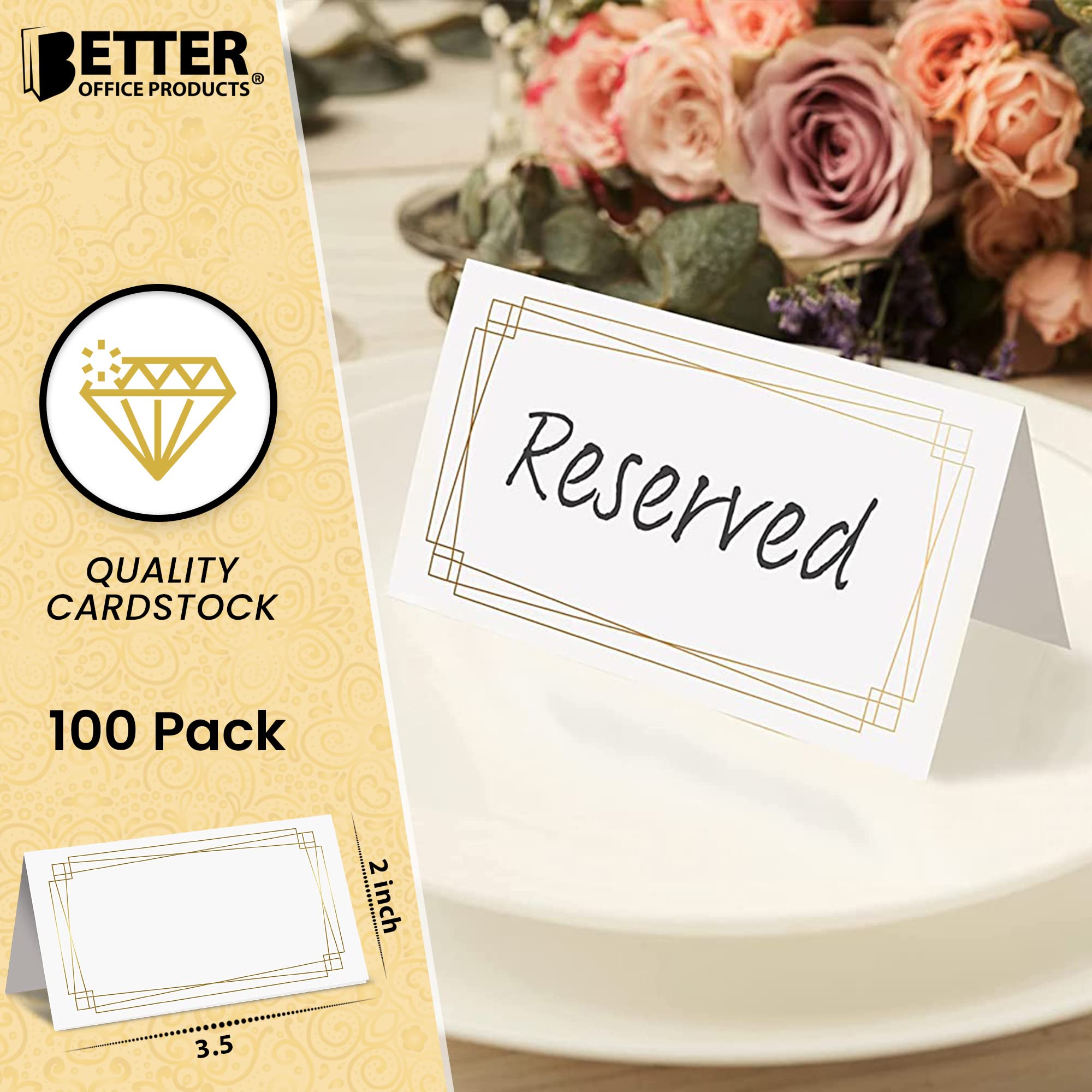 Better Office Products 100 Pack Place Cards, 2 X 3.5 In, White With Modern Metallic Gold Geometric Border, Folded Table Tent Car