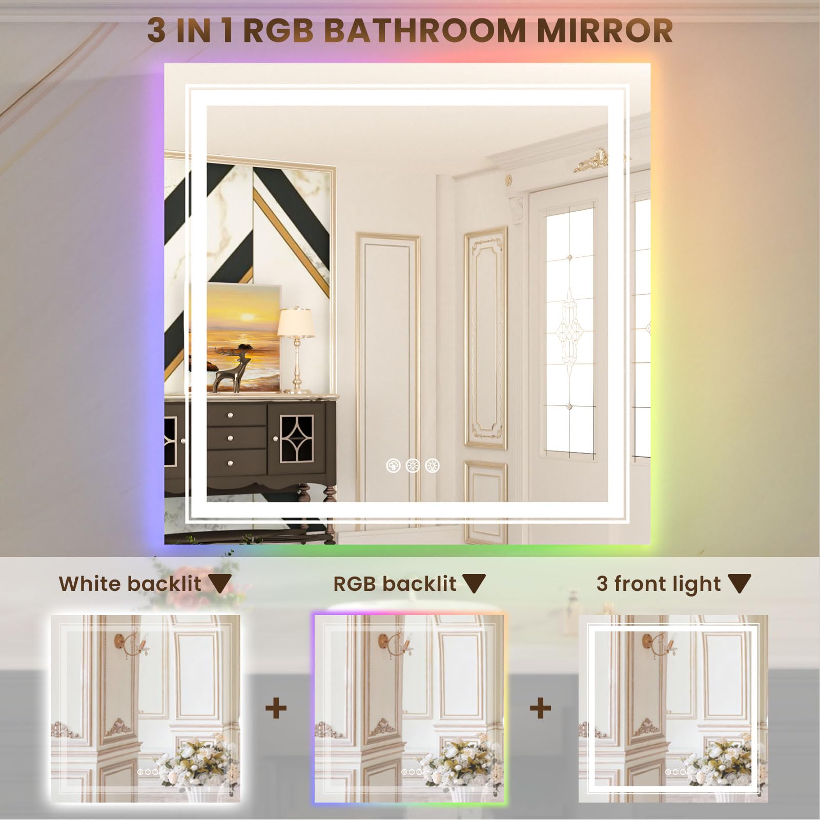 Wtty Rgb Led Bathroom Mirror 32''X32'' With Backlit And 3 Front Light,Stepless Dimmable Led Mirror For Bathroom,Lighted Bathroom