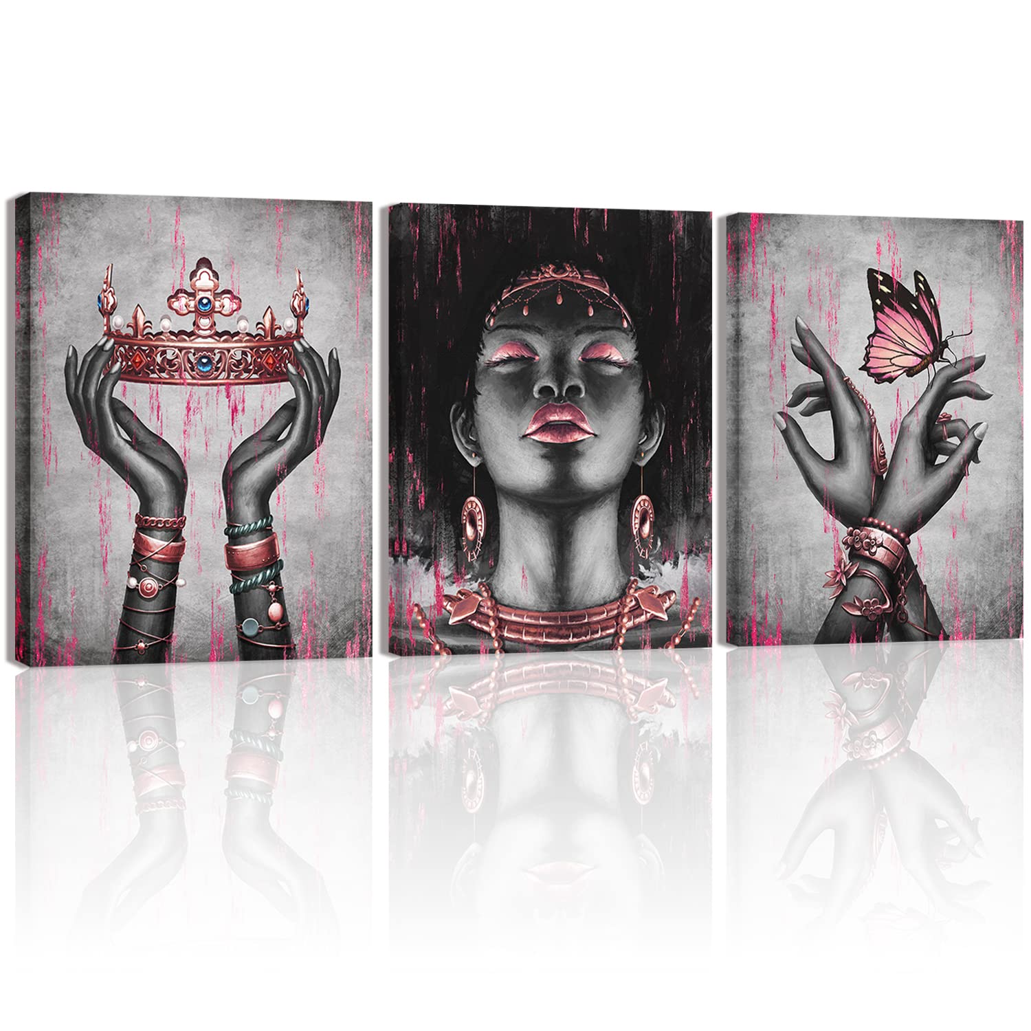 Visual Art Decor African American Canvas Wall Art Black Woman Portrait Fashion Gold Rose Pink Necklace Bracelet Queen Crown Butt