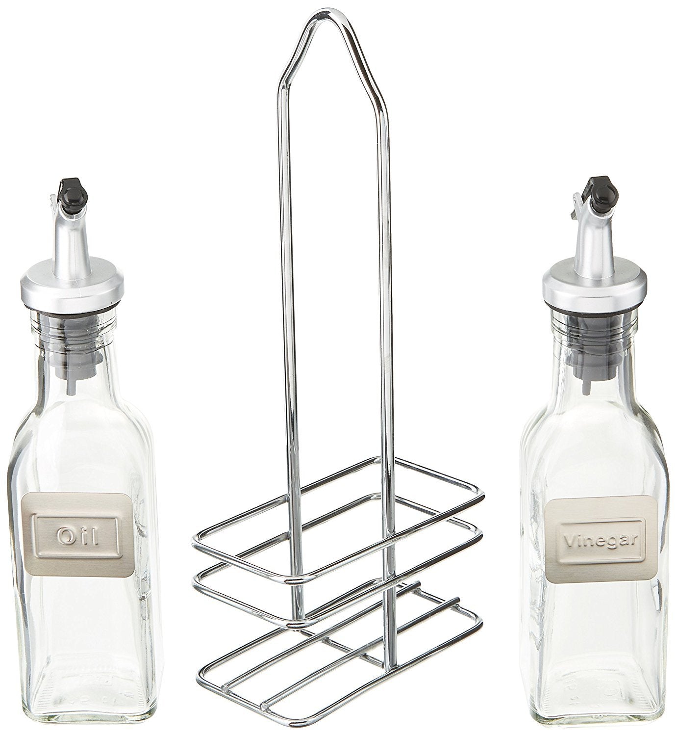 Cuisinox Cruet Oil And Vinegar Bottles Set With Dripless Spouts And Wire Caddy, English Labels - 6 Oz. Each