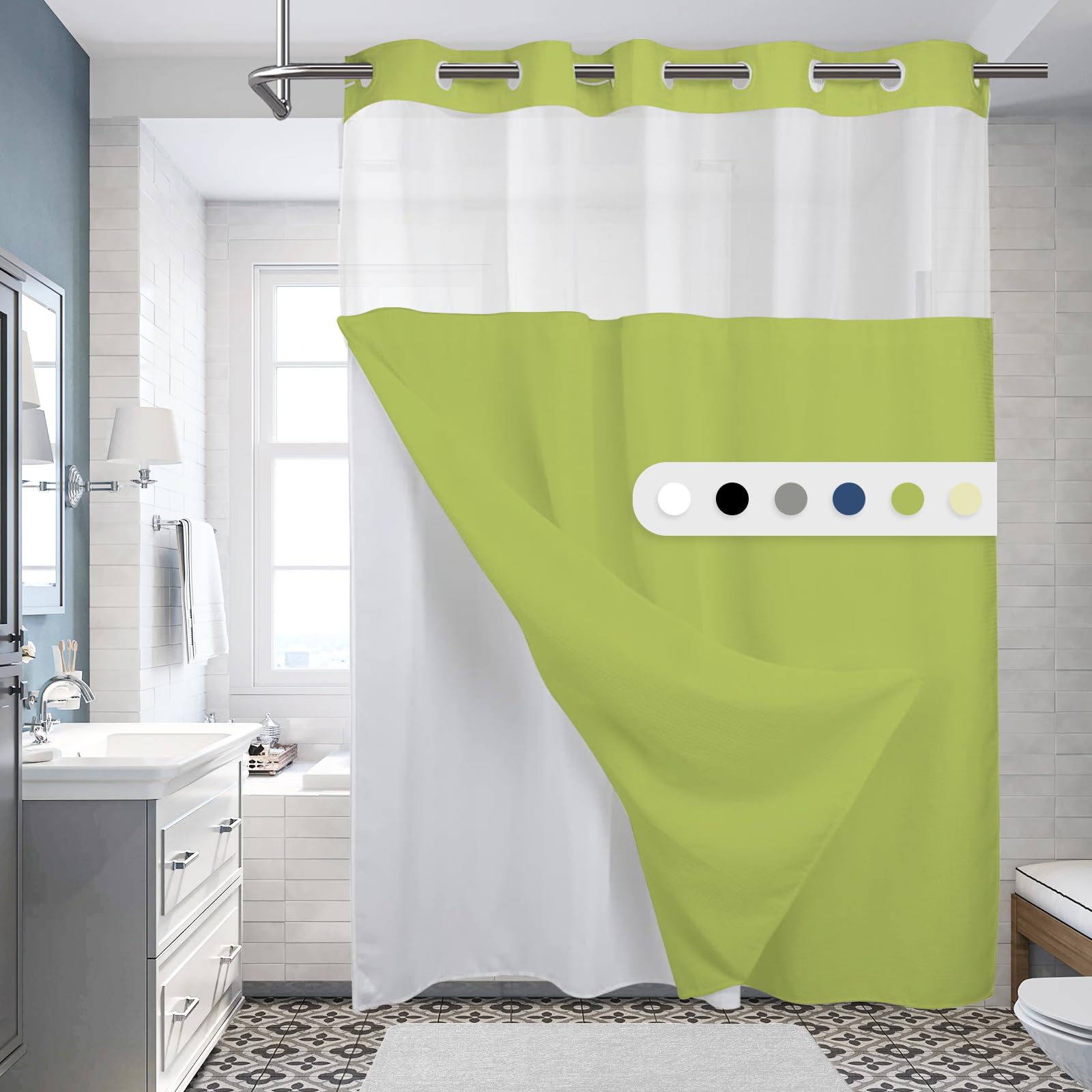 Lylycty Green No Hook Shower Curtain With Snap In Liner Set,Modern Fabric Shower Curtains For Bathroom Hotel Style Decor 71X74
