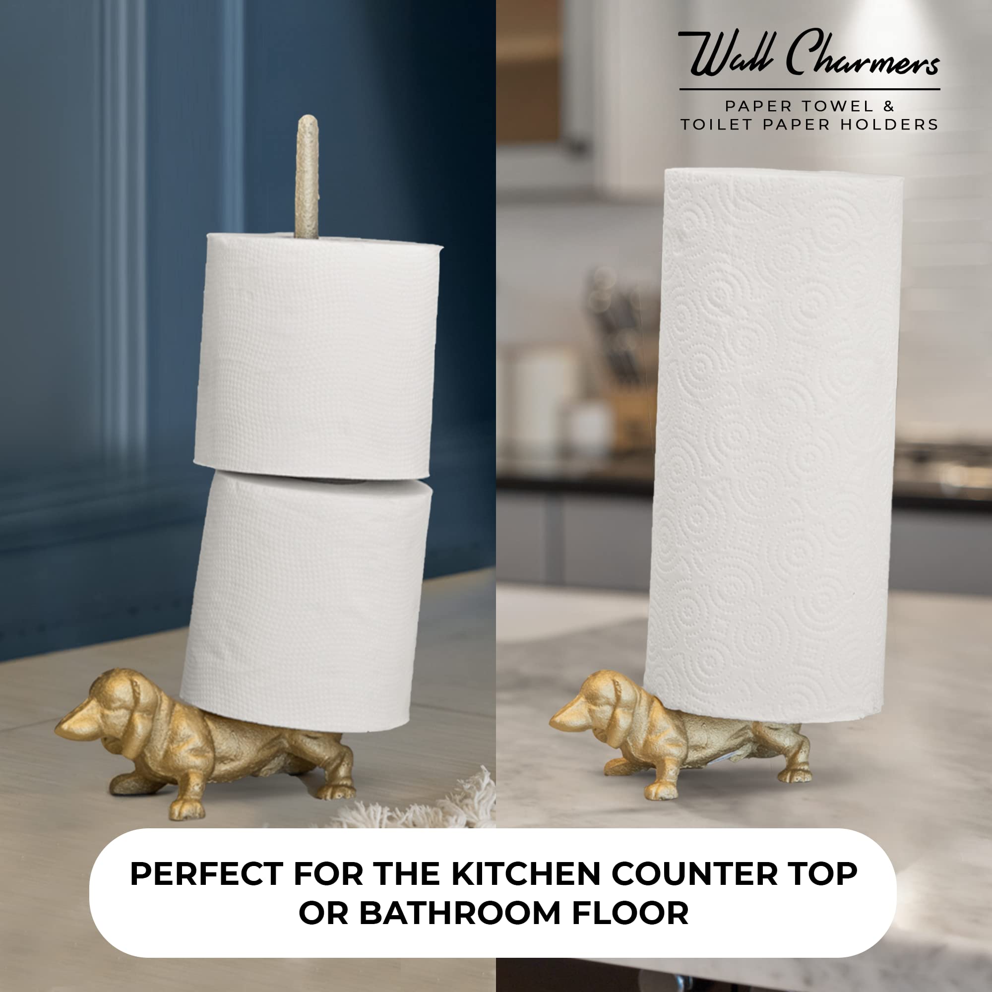 Wallcharmers Gold Paper Towel Holder, Metal Toilet Or Kitchen Paper Holder For Floor Or Countertop, Gold Dog